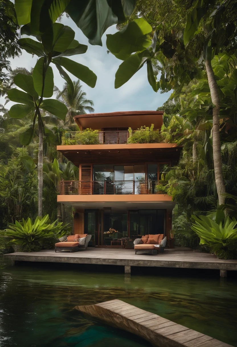 Single-family duplex house next to water bodies and forests in tropical climates