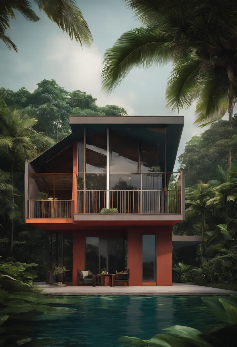 Single-family duplex house next to water bodies and forests in tropical climates