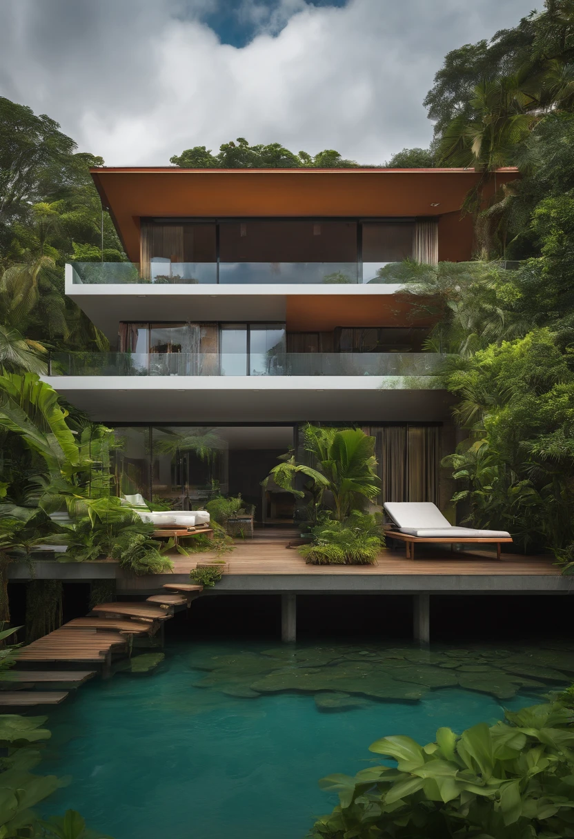 Single-family duplex house next to water bodies and forests in tropical climates