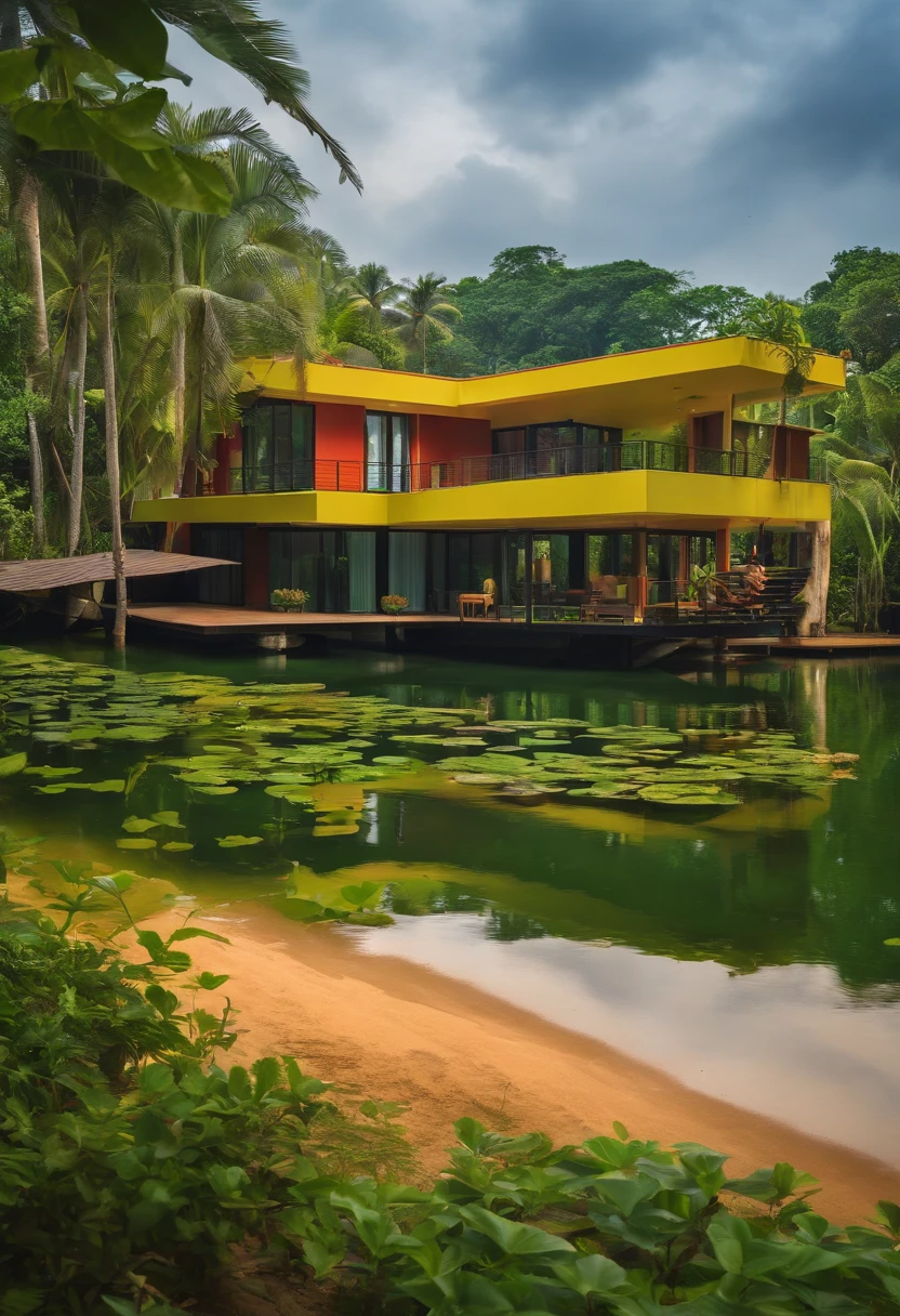 Single-family duplex house next to water bodies and forests in tropical climates