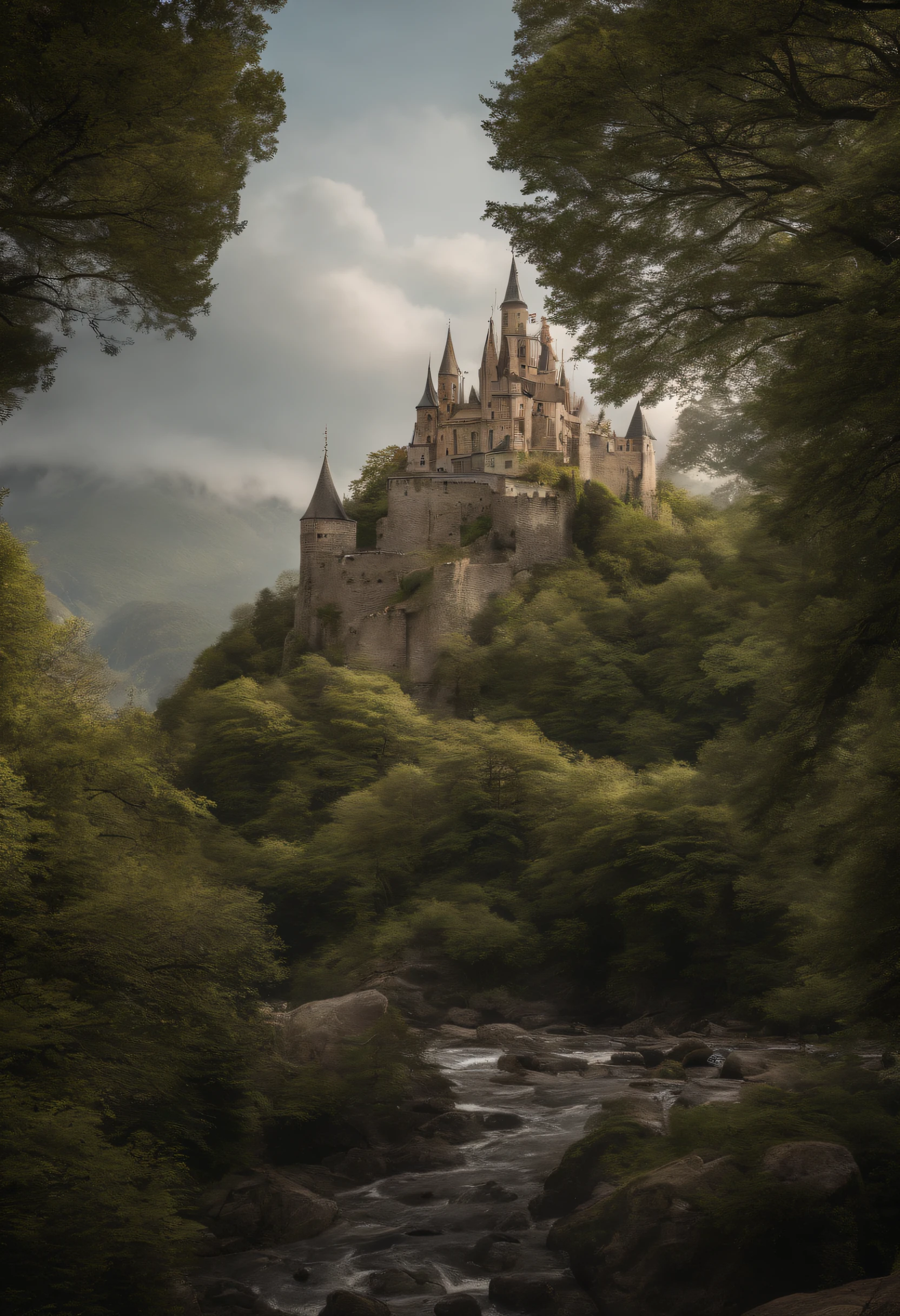 A large castle with a huge, A green roof with a bizarre shape, standing on top of a mountain.
It has a fantasy structure with floating ships, Buildings and crystals in the air, and trees, growing at the bottom.
The fantasy element is very strong.
The bridge over the castle makes people look forward to going there.
There is a large statue of the goddess, which serves as a symbol.
There is also a church here, where many people come to pray every day.