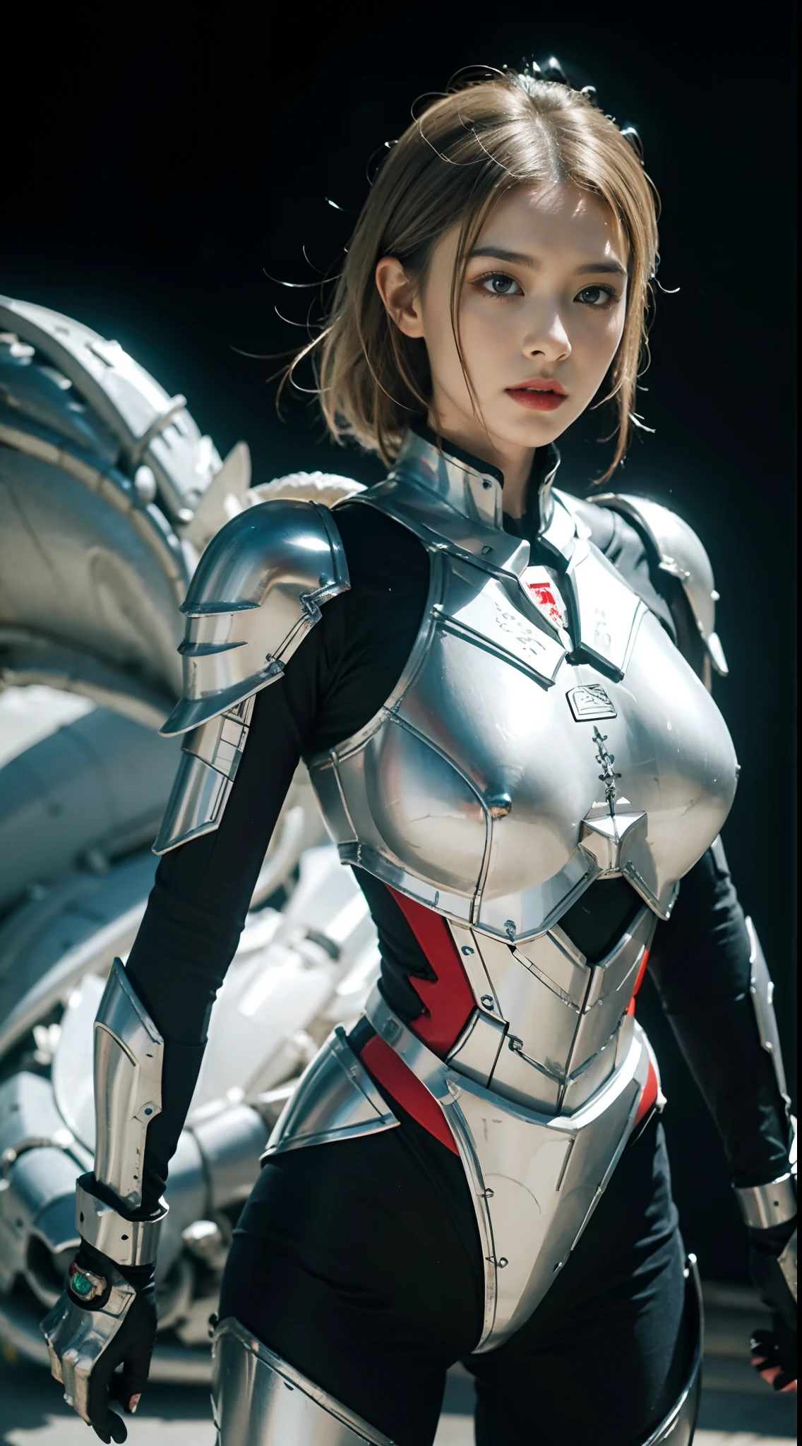 FUTURISTIC WHITE DRAGON WOMAN, MECHANICAL ARMOR, MUSCLE BODY,