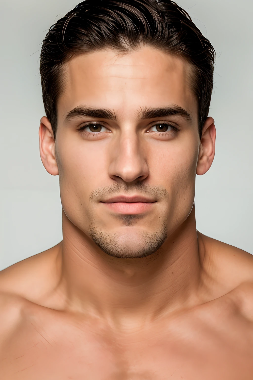 A close-up of a man with a very pretty chiseled jaw and chest., big biceps, Modelo de cara perfecta, with symmetrical facial features, Rasgos faciales atractivos, Cara perfecta, cara impecable, rasgos faciales perfectos, Perfect symmetrical cleansing of the face, Rostro ricamente definido, Clean and beautiful symmetrical face, Attractive symmetrical face, cara y ojos perfectos de color azul. pelo rubio oscuro