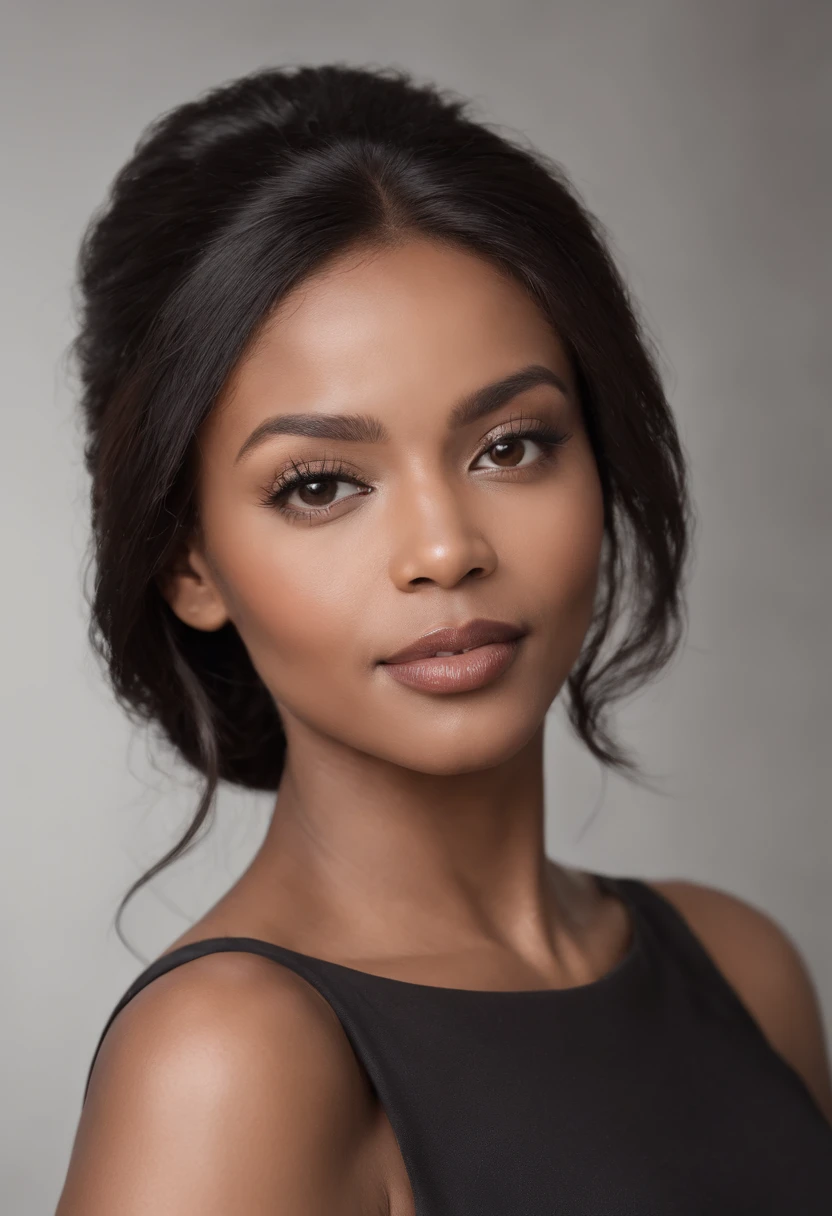 ((Best quality)), ((Hyper-Resolution)), ((Photorealistic:1.1)), (Complex details), African American woman, A half body, Very beautiful and elegant African American woman, 30 yo，55 kg, Sexy, Jet black hair, Black hair color, Perfect hair, Fine strands of hair, detail in face, She shot against a white wall background