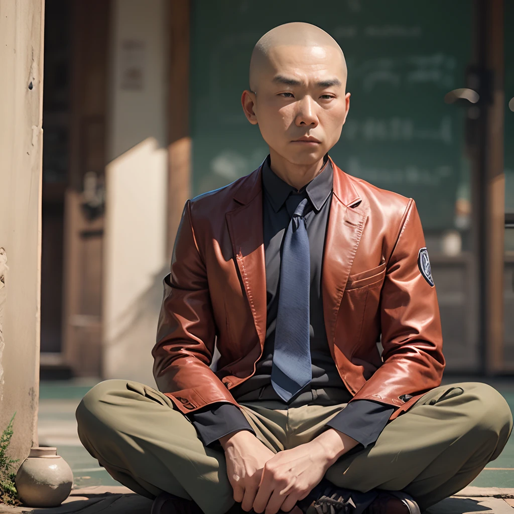 1 Chinese monk sitting in meditation, Wear a tie jacket, skinhead --auto --s2