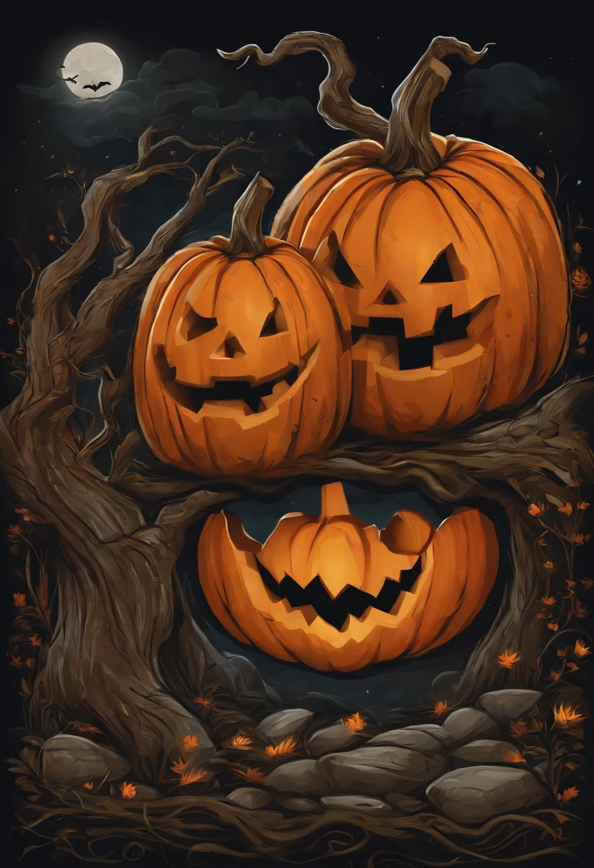 /imagine prompt: Halloween pumpkin illustration for a sticker with a black background, em negrito estilo de contorno, bordas irregulares, graveyard , sombreamento claro --v 5.2