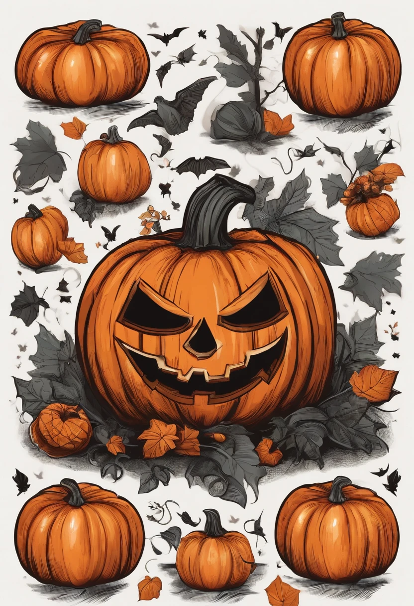 /imagine prompt: Halloween pumpkin illustration for a sticker with a black background, em negrito estilo de contorno, bordas irregulares, graveyard , sombreamento claro --v 5.2