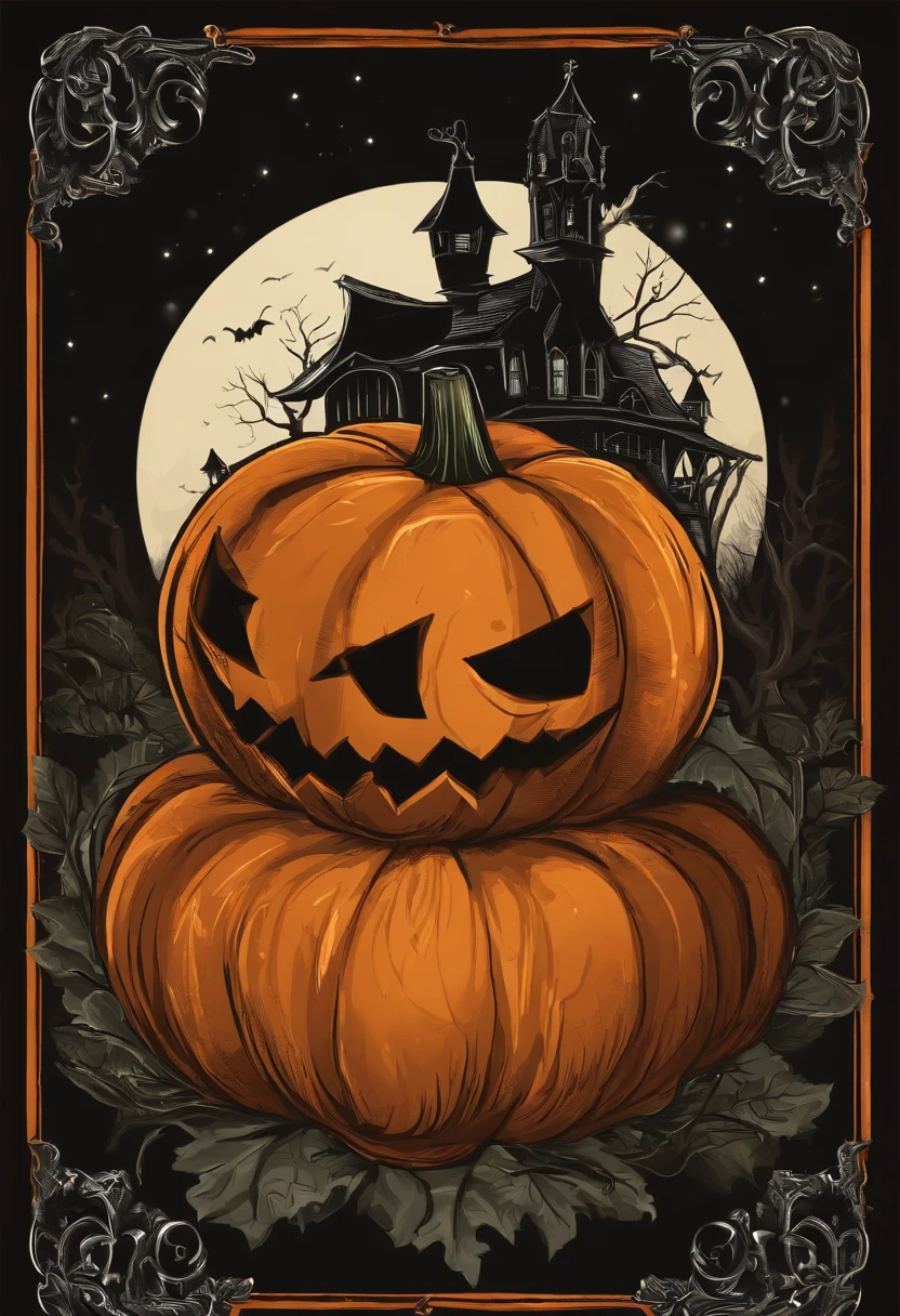 /imagine prompt: Halloween pumpkin illustration for a sticker with a black background, em negrito estilo de contorno, bordas irregulares, graveyard , sombreamento claro --v 5.2