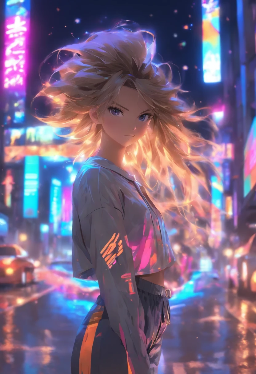 girl, Look at the sky, long light brown hair, skinny pants, Gray blouse, Adidas Grand Court SE, Night weather, In the middle of the city, neons, People and cars in the background, full-body view