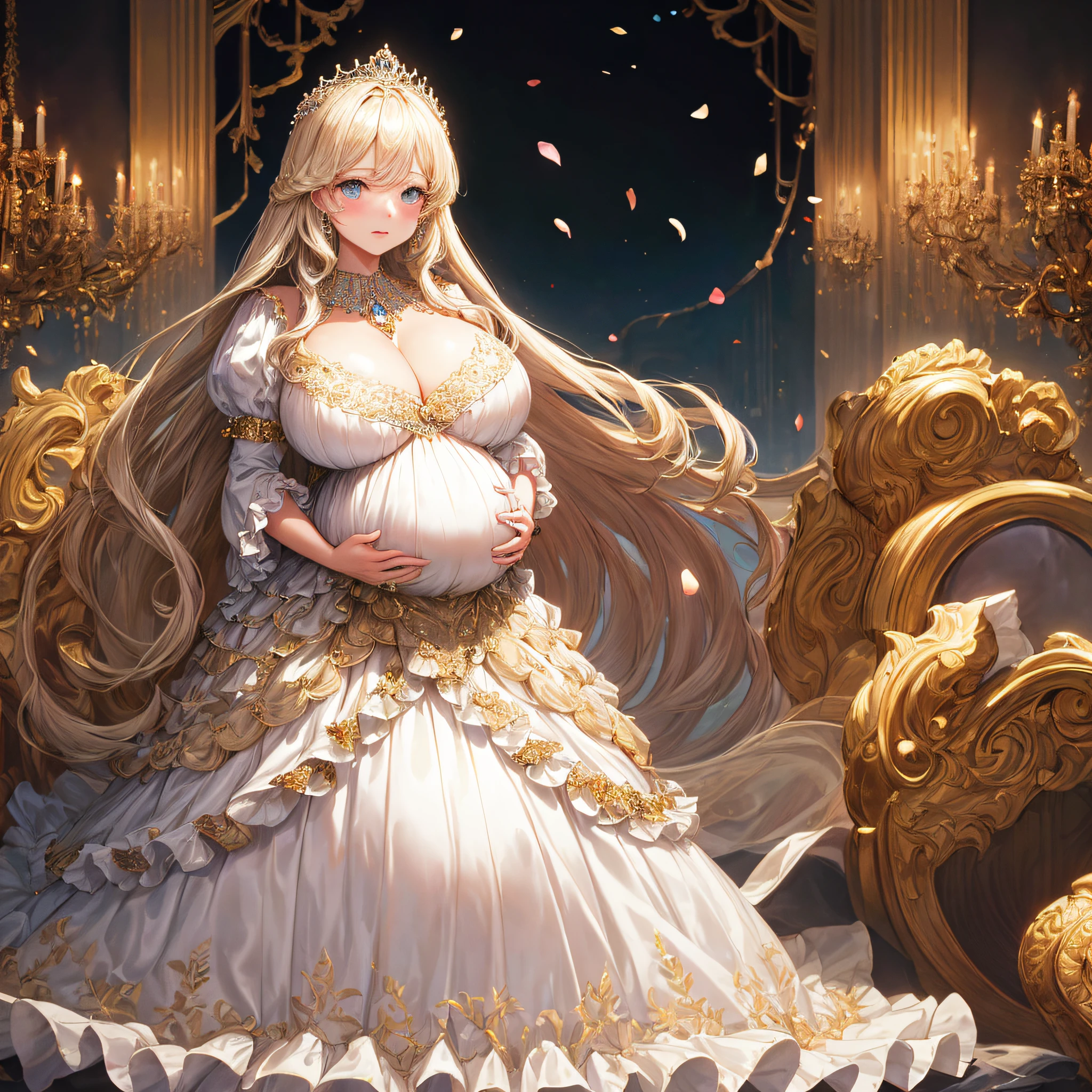 (masterpiece, best quality,extremely detailed:1.1),(moe anime art style:1.2),1girl,((full body,focus face)),((solo)), cute, kawaii,digital art,((1 bling-bling pregnant princess wearing beautiful embroidery and jeweled gorgeous rococo ballgown with jeweled voluminous full length hoop skirt)),(((heavily pregnant))),very big pregnant belly,((crinoline)),long train,voluminous frills,See-through,(gorgeous embroidery and beautiful lace),((very gigantic boobs,skindentation)),cleavage,shiny hair,(((very long straight hair,large amount of straight hair))),((embarrassed)),anguish,((finely detailed face and eyes)),clear pupil,extremely gorgeousfull hair ornament,(bling-bling jeweled extremely gorgeousfull tiara),(bling-bling gorgeous gemstone jewelry),long veil,beautiful background,fantasy background,flowers,flower petals flowing,full body,((beautiful embroidery and jeweled ruffled gorgeous rococo ballgown with voluminous full length hoop skirt))