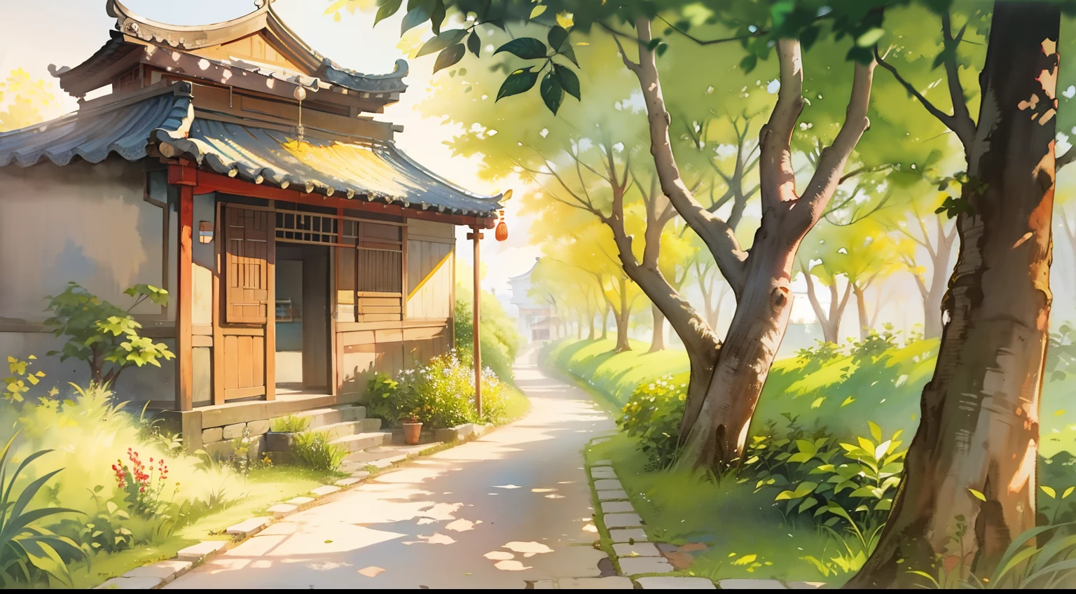 Watercolor painting, small path of Chinese rural houses, trees, bright sun, shade,