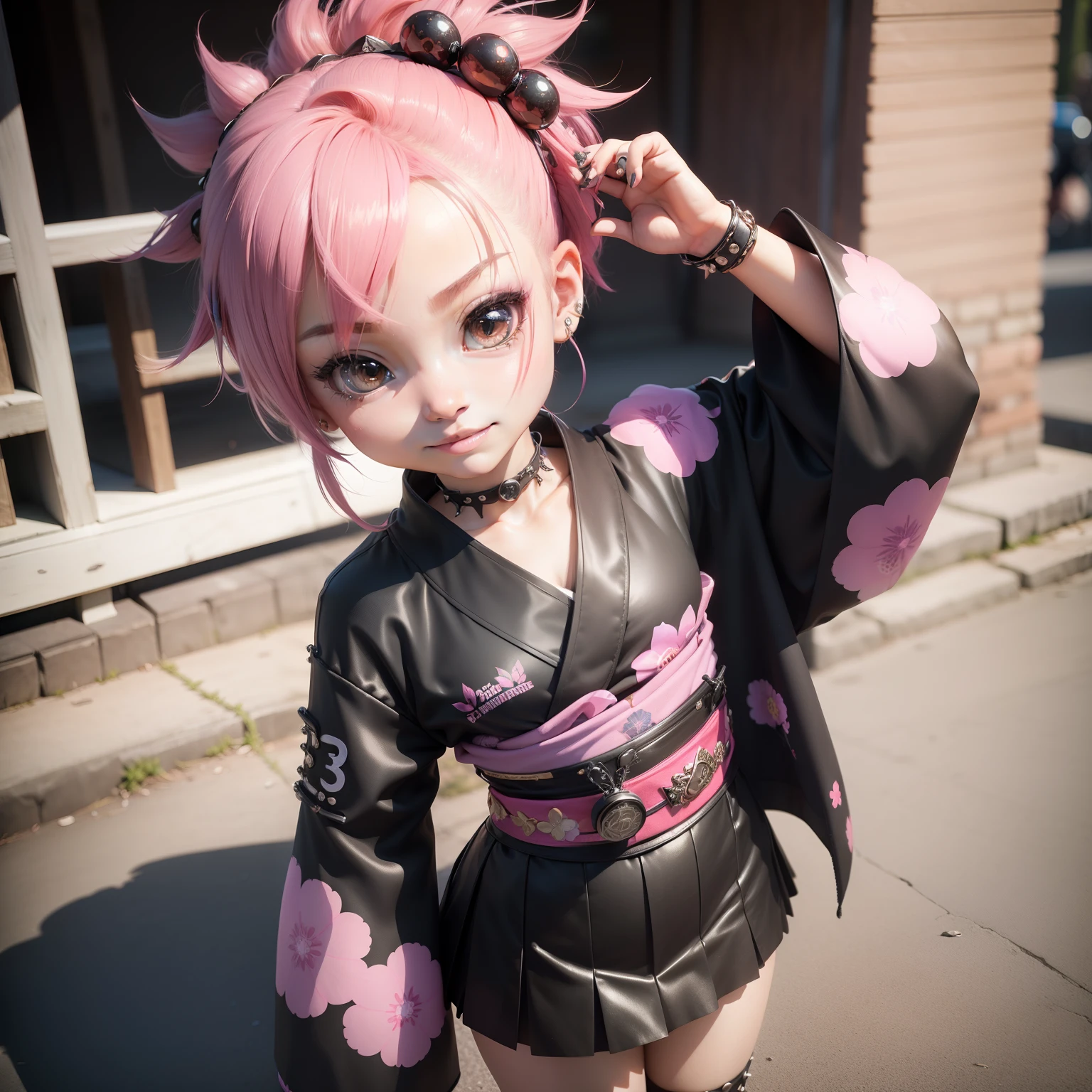 Cute Baby Chibi Anime,(((Chibi 3D))) (Best Quality) (Master Price)、(masutepiece:1.3), (punk fashion:1.3), (punk hair:1.2), (Lots of accessories:1.2), Black retro floral kimono, Looking at Viewer, 1girl in, Smile, Best Quality, ultra-detailliert, Ultra-Realism, Photographic, Sunlight, Realistic Shadows, Realistic lighting, Beautiful lighting, (the school festival at the high school:1.3)、Jewelry Decoration Kimono、(tchibi:1.3)