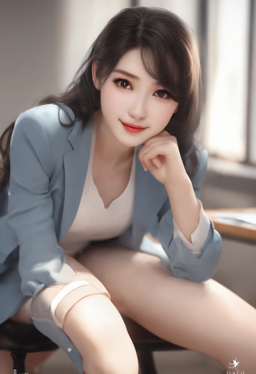 ((8k, RAW photos, top quality, masterpieces), high-definition RAW color photos professional close-up photos, (realistic, photorealism: 1.37), (highest quality), (best shadows), (best illustrations), collarbones ((big)), ((erotic, sexy, ultra high resolution, high-definition CG unified 8K wallpapers, physically based rendering, movie lighting), (aegyo sal:1), 18 year old girl, (grey blazer, ribbon, socks, high school uniform: 1.2), high school classroom, beautiful detail eyes, light on the face, ((full body shot: 1.2)), especially strong light, (upper eyes, grinning smile:1.2),shiny skin, (((black hair, bob hair:1.2))), ( thick thighs), ulzzang-6500-v1.1:0.2, shy, (flash:1.2), NSFW , (puffy), ((seductive posture: 1.2, attractive: 1.2)), (idle), (sitting at a desk in classroom: 1.2)), ((good anatomy: 1.2)), ((bright and refreshing classroom, background blurred: 1.2)), perfect face, cute face, (high angle shot:1.2)