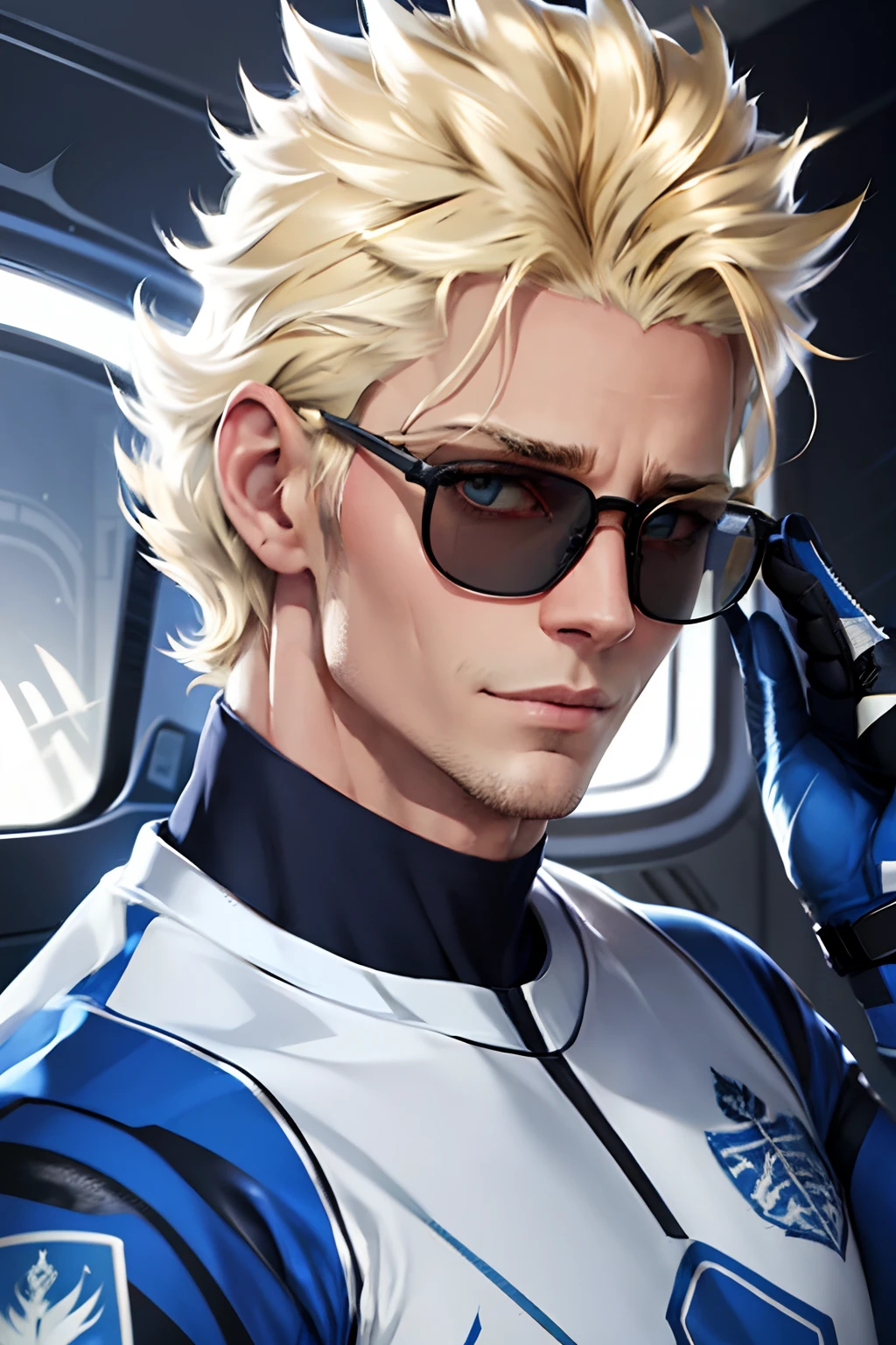 homem, cabelos loiros curtos, Aviator glasses, Nordic symbols on the face, uniform soccer