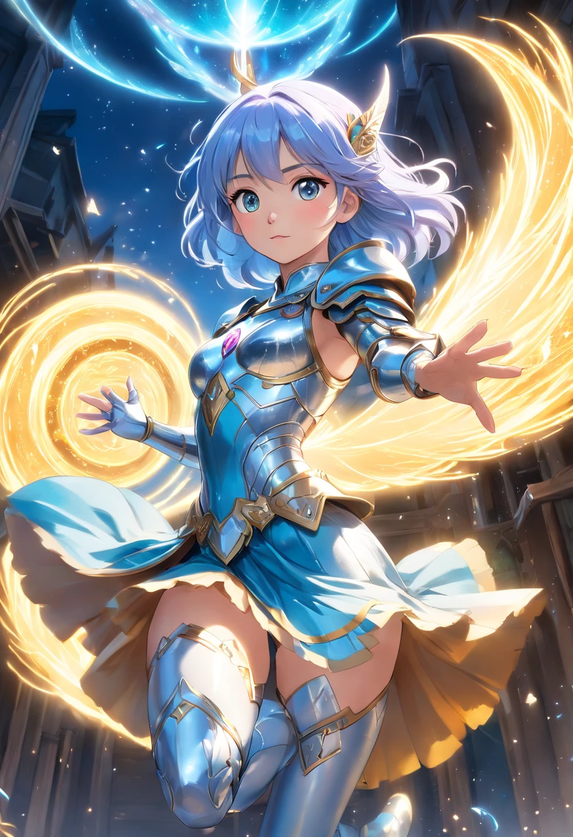 (top-quality,4K,8K,Haute,Master Parts:1.2),ultra-detailliert,(Realistic,Photorealista,Photorealsitic:1.37),Silver Amazon jumps into the air to unleash its attack, Wearing silver armor, Long light blue hair flowing in the air, A sparkling universe emerges from your hand, natta, starrysky, Bright stars illuminating the scene, magical aura, Soft glow emanating from the Amazon, Dynamic Pose, Jump into the air, Convey a sense of strength and determination, vivd colour, All silver armor、Detailed and Intricicated。, Realistic style, Focus on Amazon and its actions. bule. beautifully detailed eyes, nase, and a lip, Add a touch of delicacy to your look, Lighting that emphasizes the central figure, Cast soft shadows around you. big eye, be lilac and turquoise,. Armor protects the body, Like a Knight of the Zodiac.