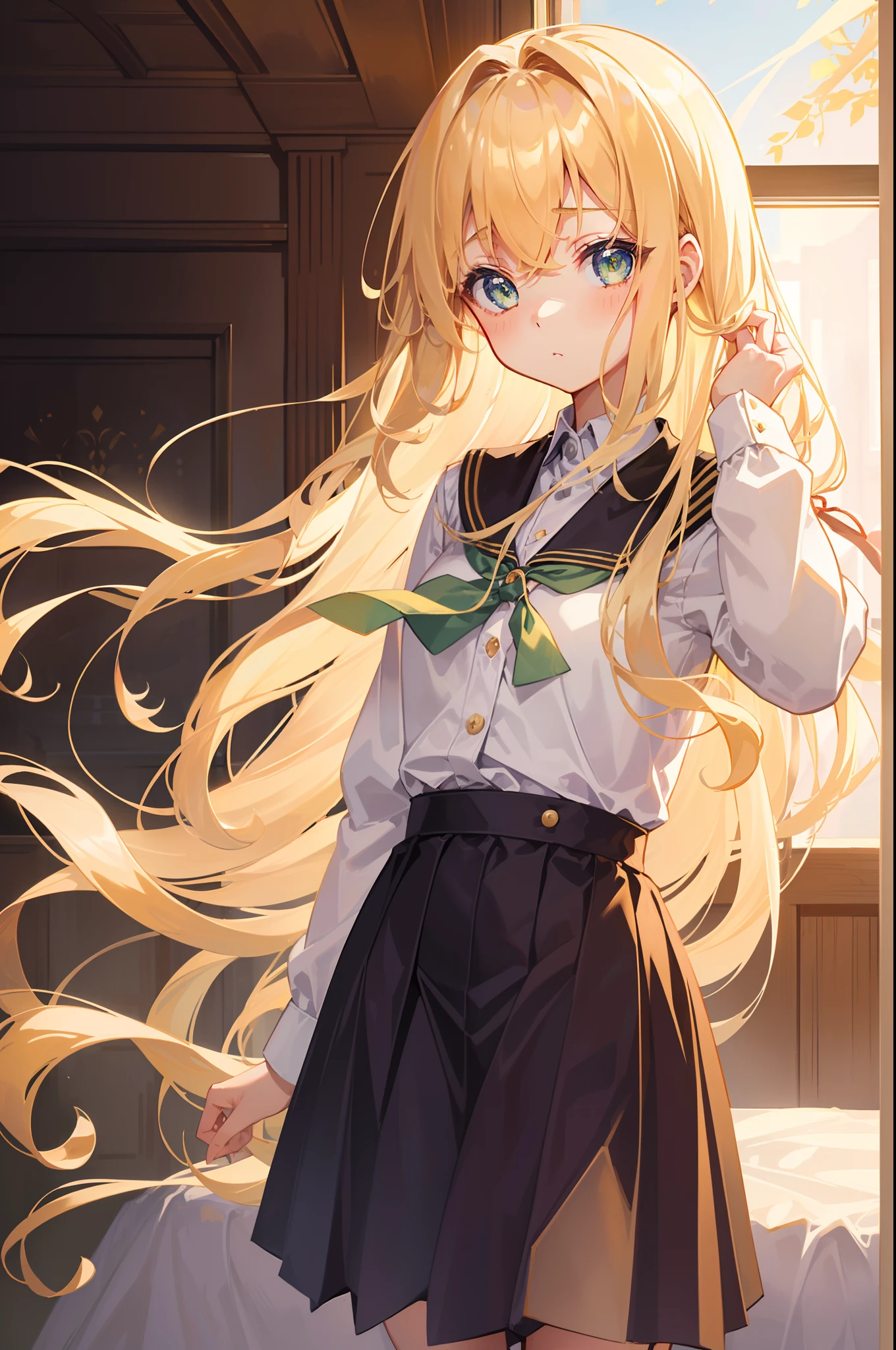 1 girl in、Light golden hair、Longhaire、Hair that curls a little、Hair swaying in the wind、Light green eyes、Delicate eyes、Neat and delicate face、a beauty girl、(Dormitory uniform in diasomnia dormitory:1.3)、(Twisted Wonderland)、cute little、Night Raven College Background