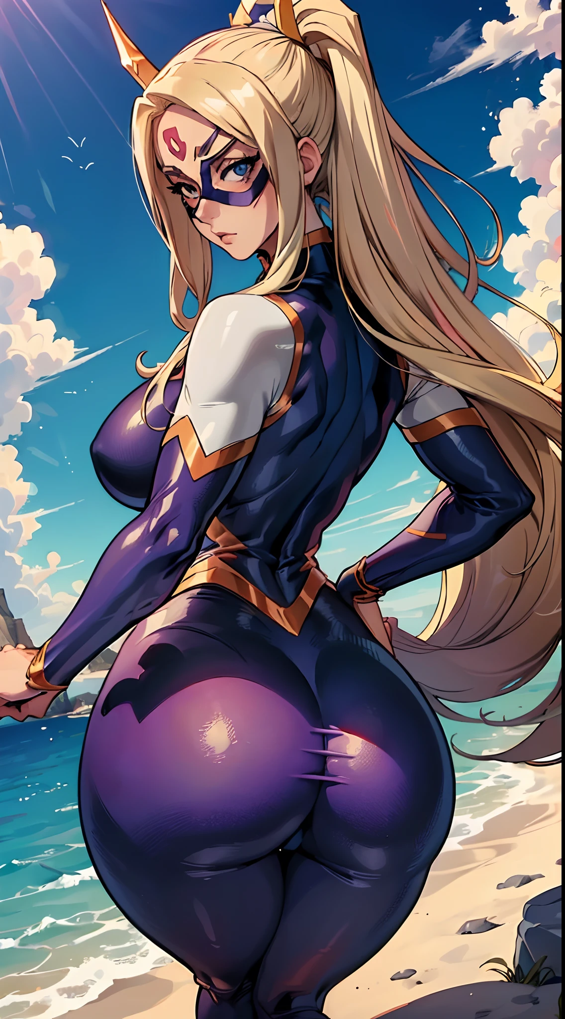 (melhor qualidade:1.3), Mt Lady by Boku no Hero , (blonde), peituda, clivagem, sedutora, sexy, body curvy, bunda grande, peitos , (mask), (opening your ass) ,(pov : ass), blue sky,