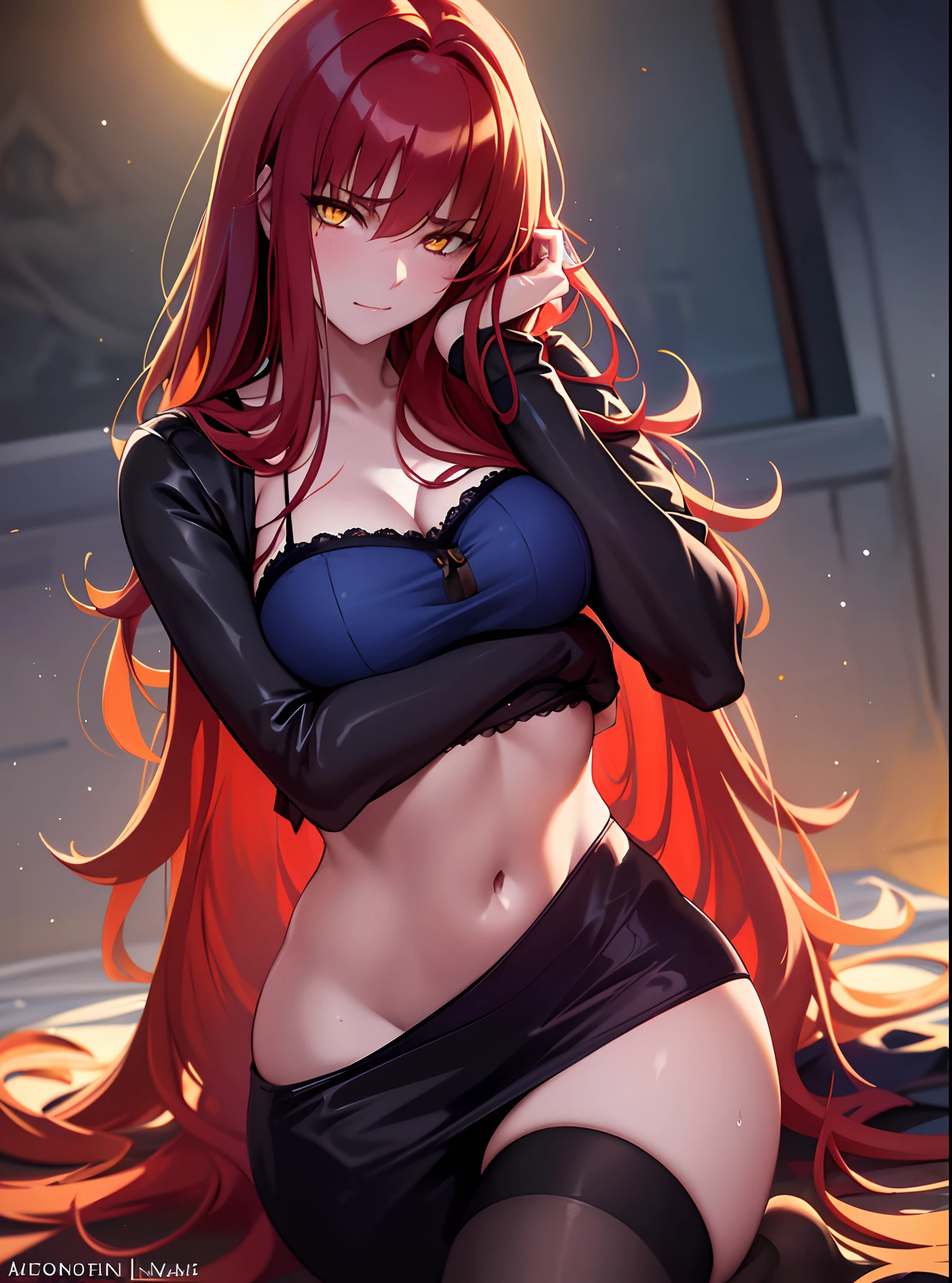 (masterpiece, best quality) an adult woman with very long red hair, kneel, ((bangs covering eyes)), upper body, close-up, wet skin, underwear, wavy hair, (blue lingerie), without pants, (night), long stockings, sexy lingerie, queen, alone, yellow eyes, serious, emotionless, ((seductress)), straight hair bangs, very long red hair, evil, (yellow eyes), flirtatious, front, moonlight, medium chest, head-to-waist portrait, cinematics, (solo), color oil painting, cinematic lighting, extremely detailed face, finely detailed face, beautiful face, beautiful eyes, perfect lighting, depth of field, (realistic proportions), (good anatomy)