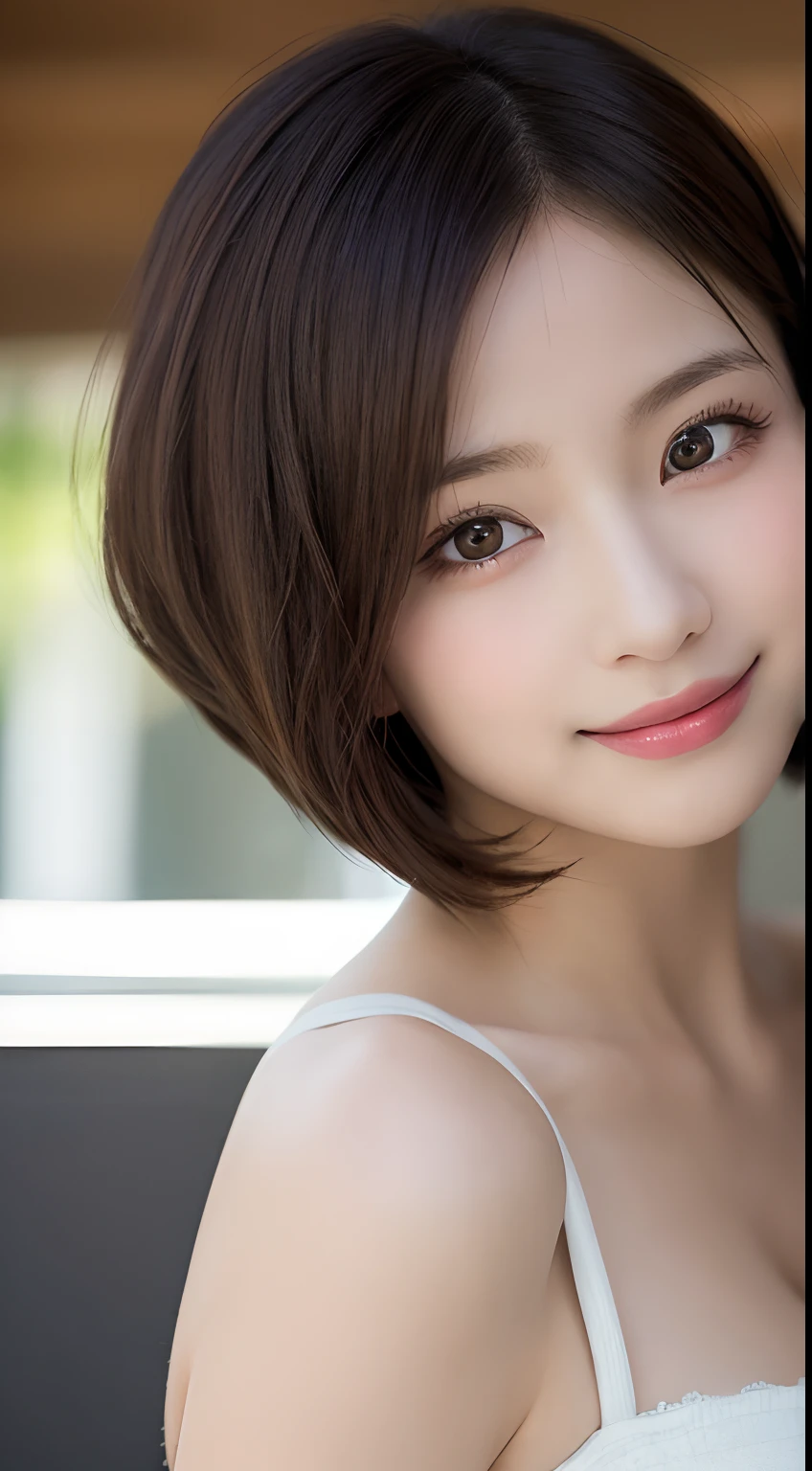 table top, highest quality, figure, super detailed, small details, High resolution, 8k wallpaper, 完璧なダイナミックな構figure, detailed and beautiful eyes, ladies summer,short bob hair,small breasts and natural colored lips, bold sexy pose,smile,Harajuku、20 year old girl、cute、Check out the sexy shots from the lens