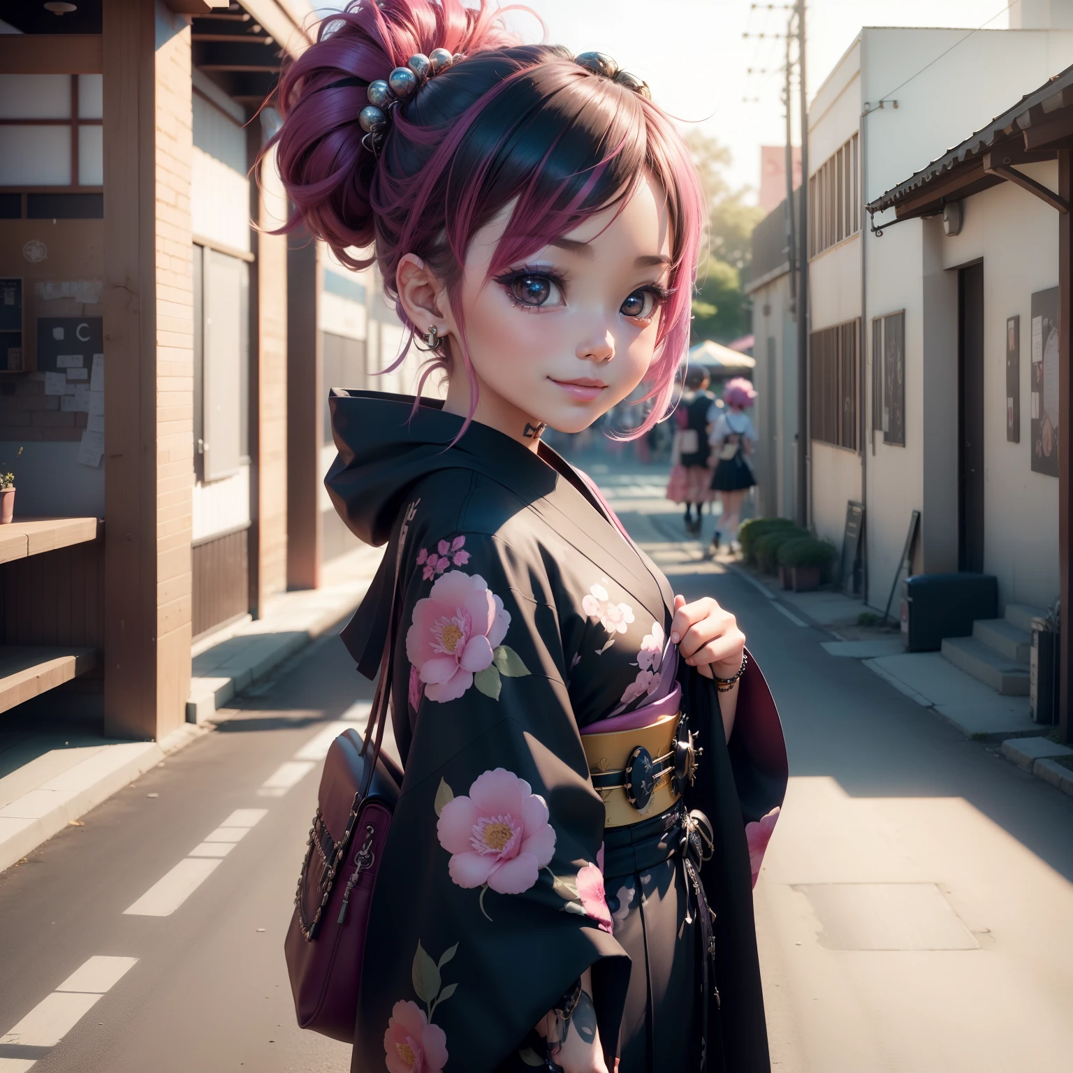 Cute Baby Chibi Anime,(((Chibi 3D))) (Best Quality) (Master Price)、(masutepiece:1.3), (punk fashion:1.3), (punk hair:1.2), (Lots of accessories:1.2), Black retro floral kimono, Looking at Viewer, 1girl in, Smile, Best Quality, ultra-detailliert, Ultra-Realism, Photographic, Sunlight, Realistic Shadows, Realistic lighting, Beautiful lighting, (the school festival at the high school:1.3)、Jewelry Decoration Kimono、（tchibi:1.3)