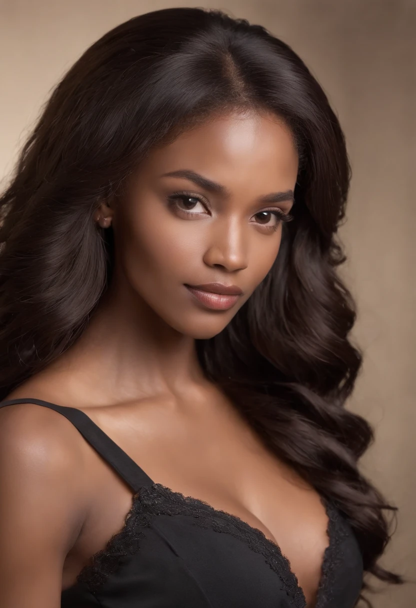 "Ultra-realistic image of a gorgeous brown skin African American girl 30 year old, brown skin, Perfect body, Slim, Hourglass figure, Ultra-thin waist, dark skin, Black hair, African long straight hair , Piercing brown eyes. Hyper-realisticCorrect anatomy, Facial features are carefully depicted, long kinky straight hair Short black curly hair, black long hair Baroque curls