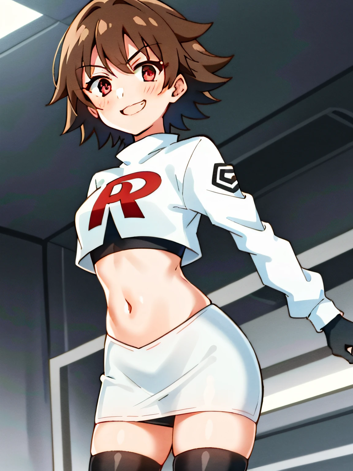 1girl, solo, sky, looking at viewer, cowboy shot, smile, smug, team rocket uniform, white jacket, white skirt, pencil skirt, miniskirt, thighhigh boots, midriff, red letter "R", makoto, brown hair, short hair, red eyes,