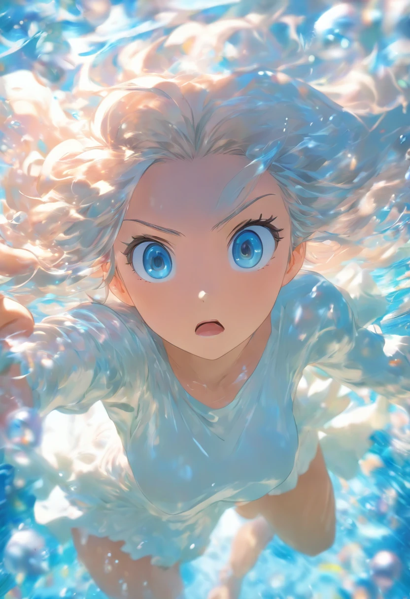 foreshortening, depth of fields, masutepiece, Best Quality, 1girl in, White hair, Blue eyes, Long hair, under the water, Air bubble, Solo, Looking at Viewer, White Dress, Swimming, Dappled sunlight,