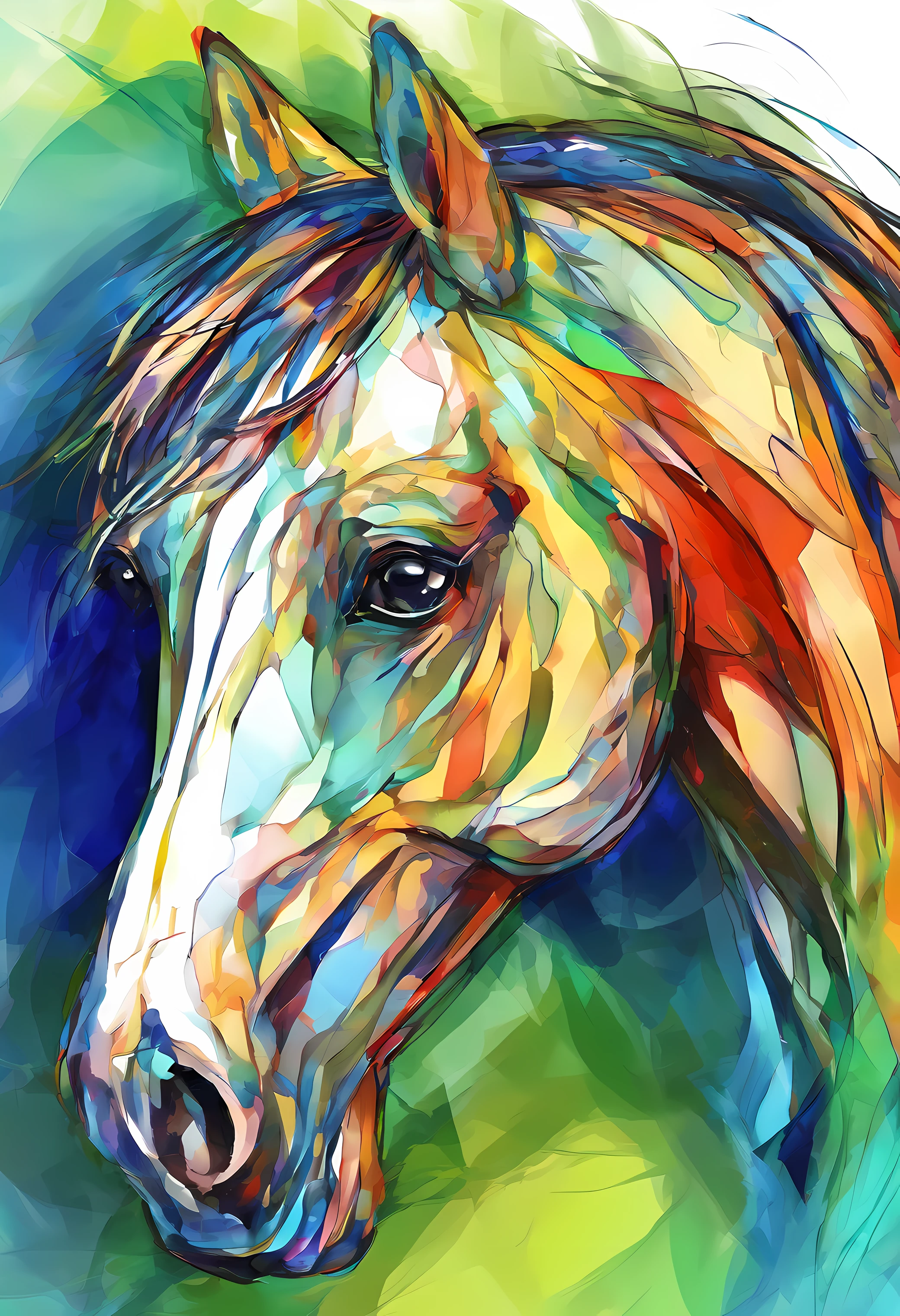 Retrato de um cavalo raro, 3d aquarela abstrata,fundo escuro,high resolution,alta qualidade,colorido,verde,vermelho,azul