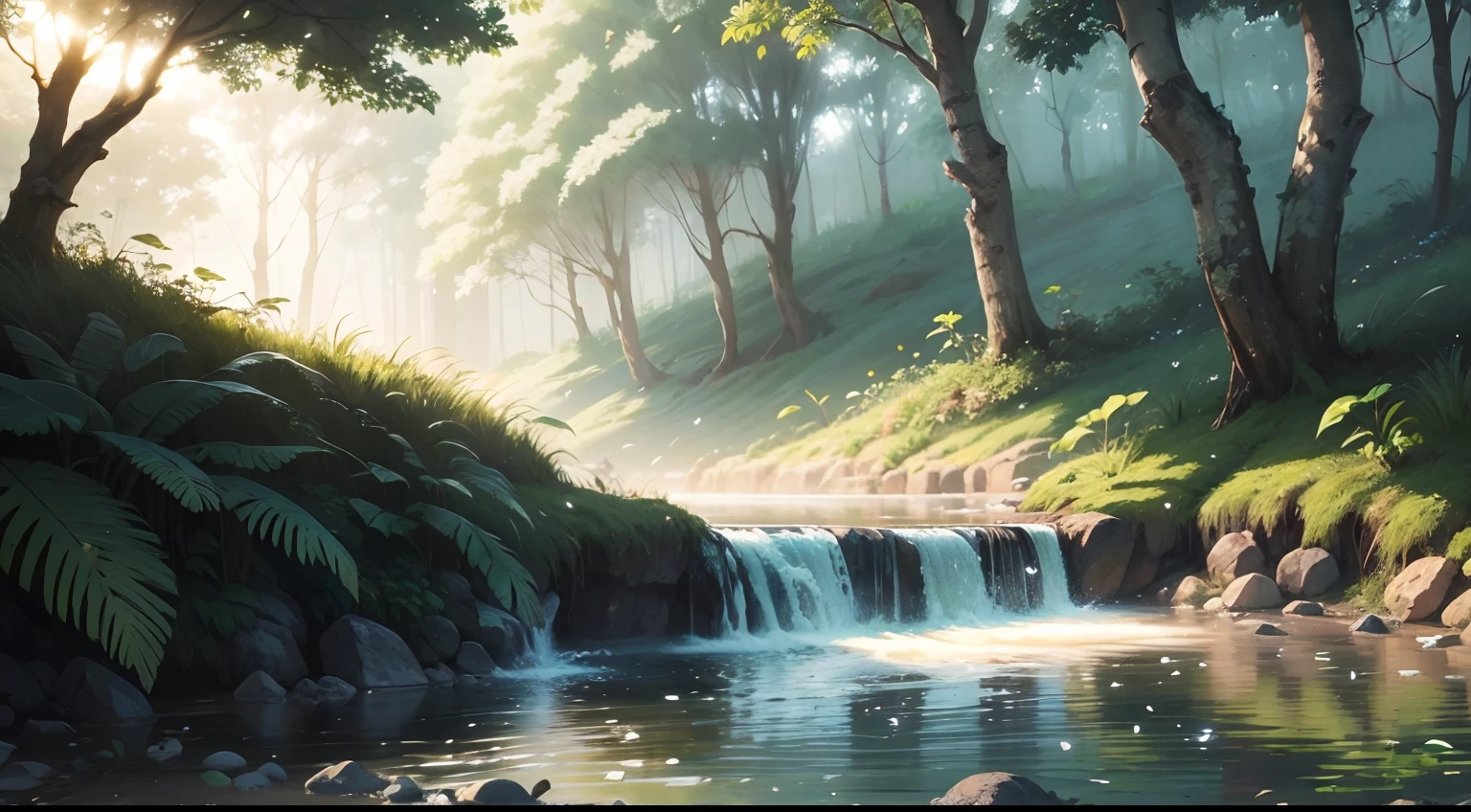 A Mata,Na floresta mal iluminada,natureza,dia,Birds are flying,unmanned,Crescimento de musgo,There is a small river in the distance,realistic illustration,Selvas