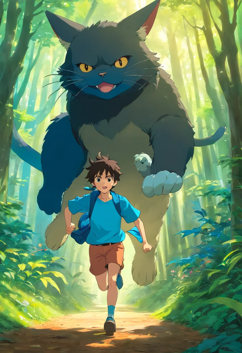 Um homem jovem de cabelo cinza e um homem jovem de pele negra e cabelo azul, Running in a magical forest, fugindo de morcegos encantados, gato encantado salva eles. 3d, anime, obra prima