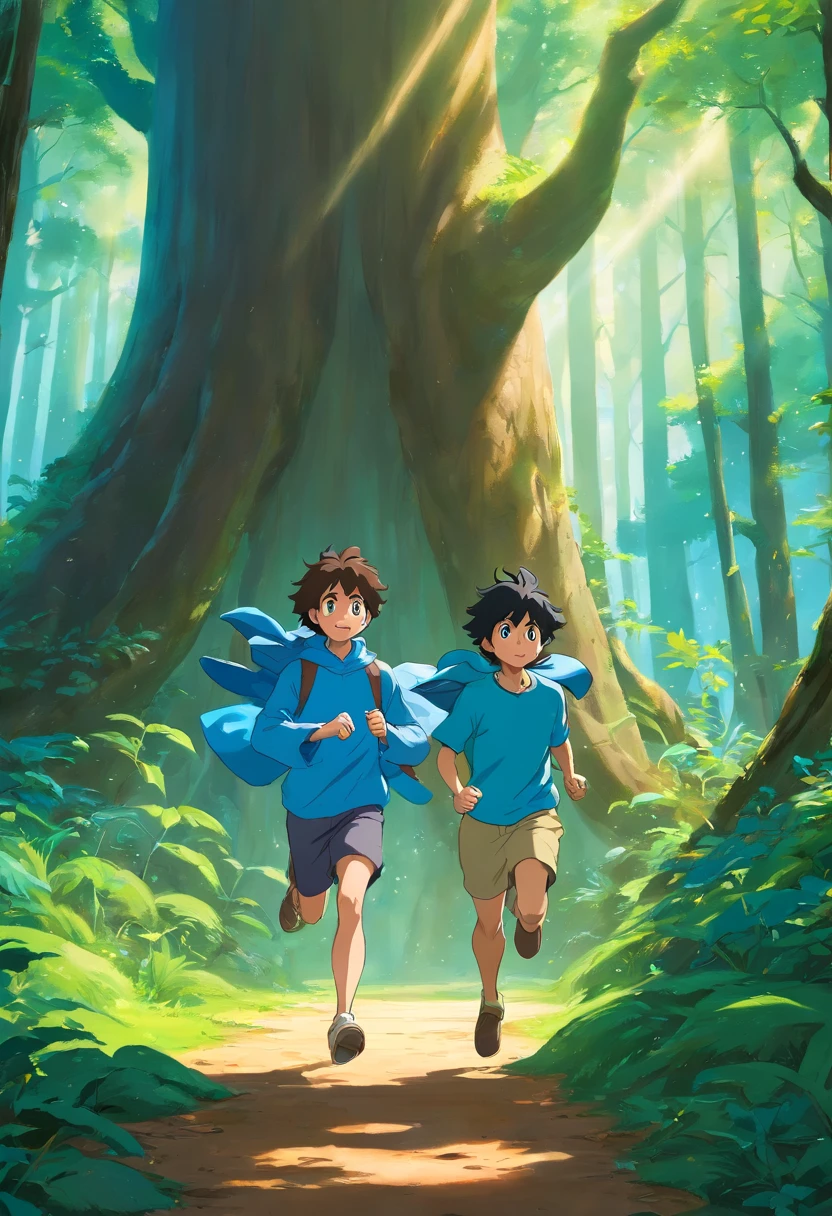 Um homem jovem de cabelo cinza e um homem jovem de pele negra e cabelo azul, Running in a magical forest, fugindo de morcegos encantados, gato encantado salva eles. 3d, anime, obra prima