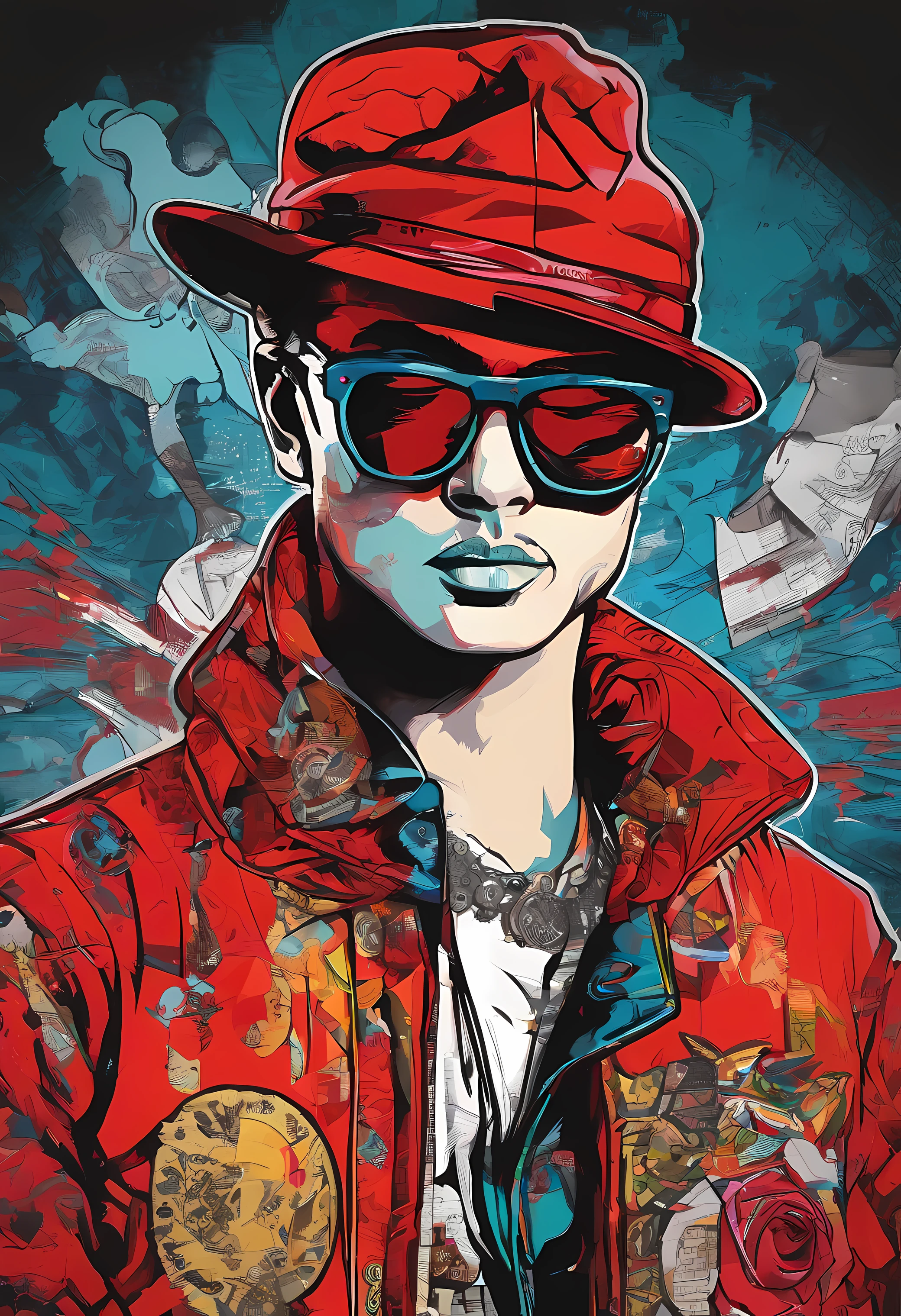 a painting of a man in black glasses wearing a red hat, trending on art station, Vestido com roupas punk, detailed hyper-realistic rendering, British gang member, estilo de rua, pose intimidadora, roupas com moda, samurai urbano, miau, West Slavic features, 8 1 5, Animacoes