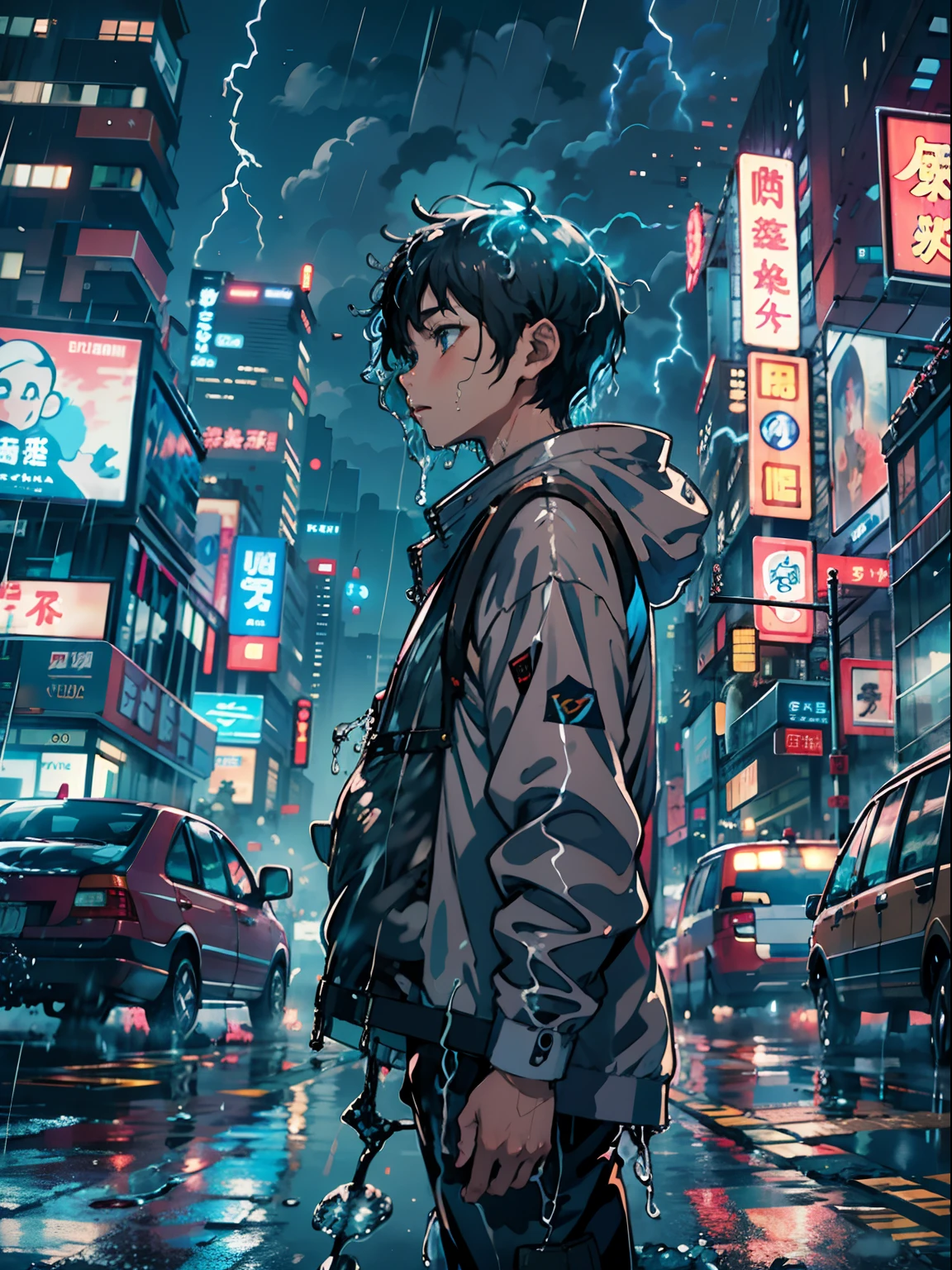 1boy, boy、Wet body、Anime-style protagonist、Looking at the camera、Cyberpunk Boy、The beginning of the adventure、(drenching:2)、(Lightning:1.5)、Lots of clouds,heavy fog、Fog,Chaotic city of the future、Movie dystopia、A group of very tall skyscrapers stands in the center、Very complex cityscape,Crowded Chinese skyscrapers、street signs、streetlights、taxis、buses、Train、Blue lighting,Dark road、Lots of puddles、Chaotic、Beautiful and fantastic scenery、Cinematic scenery、hightquality、masutepiece,in 8K、hight resolution、