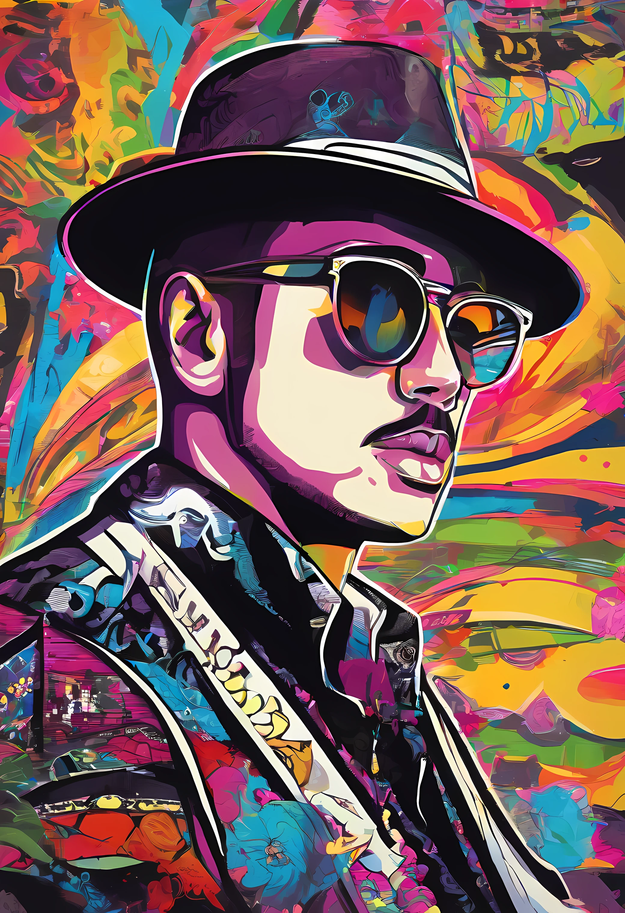 a painting of a man in black glasses wearing a hat, trending on art station, Dress with Gothic style clothes, detailed hyper-realistic rendering, Mafia gang member, estilo de rua, Pose intimidadora, roupas com moda, Samurai Urbano, miau, West Slavic features, 8 1 5, Animacoes