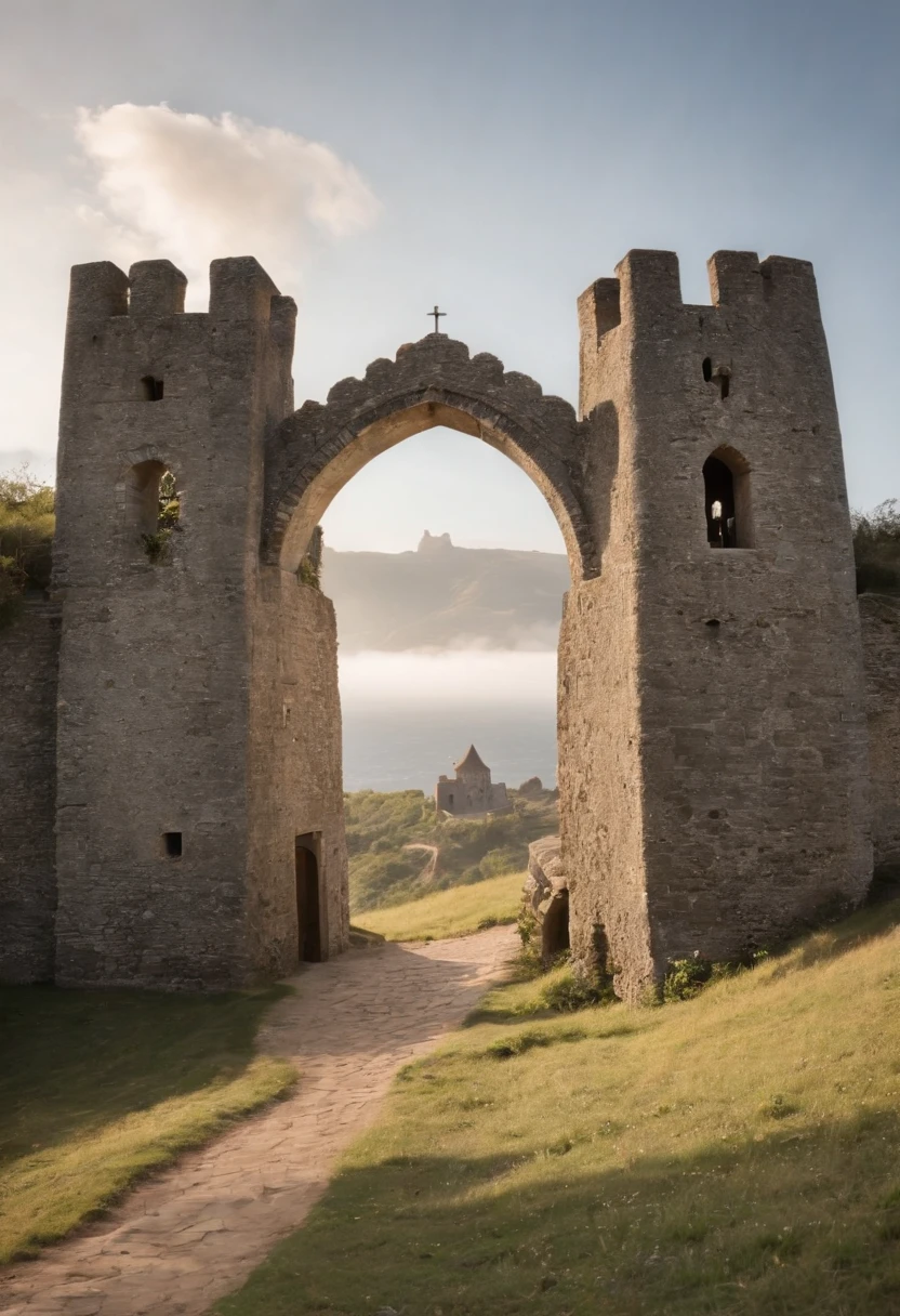 fortaleza abismo de helme, The Lord of the Rings, torre alto, muralha, large fortified wooden gate in the center of the wall, grandes montanhas ao fundo do cenario, dia de sol, fim de tarde