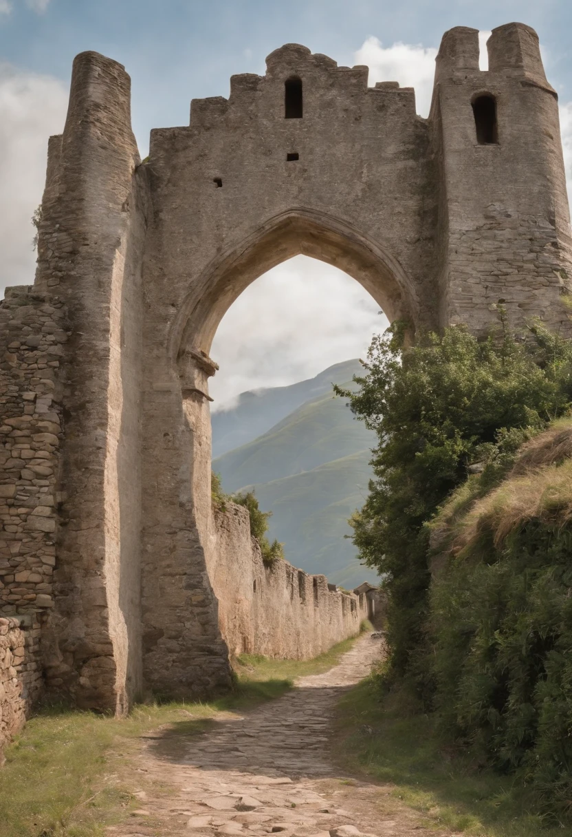 fortaleza abismo de helme, The Lord of the Rings, torre alto, muralha, large fortified wooden gate in the center of the wall, grandes montanhas ao fundo do cenario, dia de sol, fim de tarde