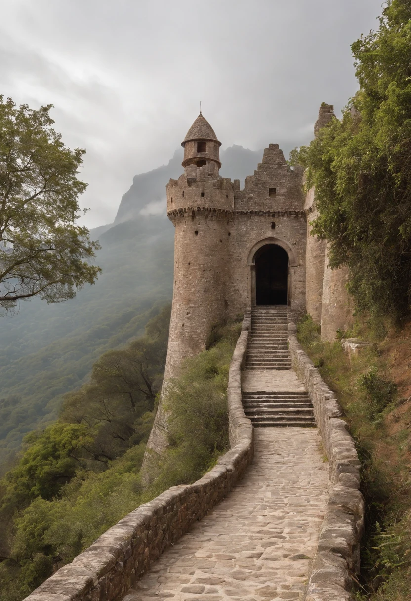 fortaleza abismo de helme, The Lord of the Rings, torre alto, muralha, large fortified wooden gate in the center of the wall, grandes montanhas ao fundo do cenario, dia de sol, fim de tarde