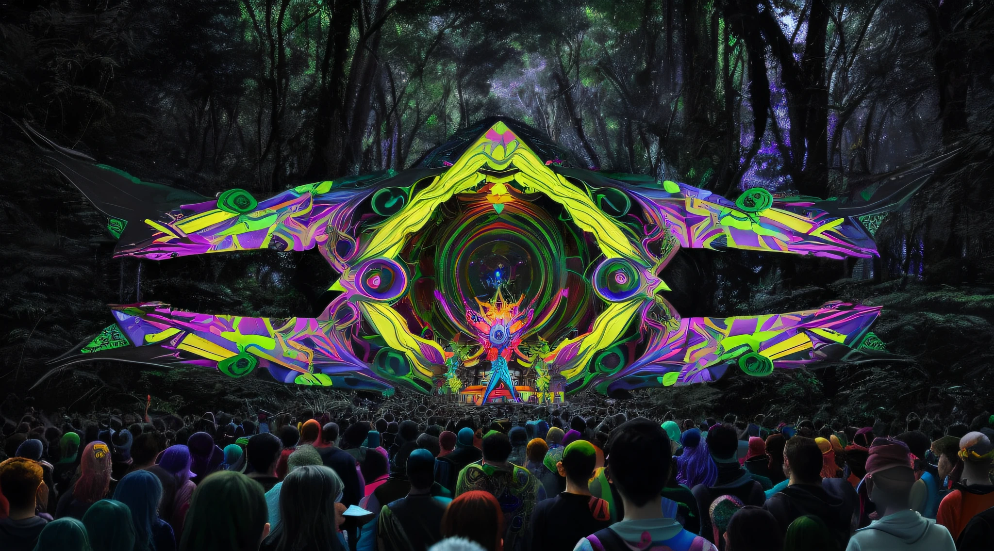 Image of a crowd of people in a forest with a large colorful object, rave ao ar livre, design hiperbesta, psytrance, arte psytrance, Visuais Trippy, psychedelic visuals, arte rave, arte oficial, Visuais DMT, dmt visions, em glitchart jared forest, Cybernetic bat in science fiction forest, Visuais LSD, psychedelic organic cyborg, usar toda a imagem e deixar mais psicodelica e colorida, valorizar a arte principal do palco e deixar em 3d, full qualidade, hd, 4k