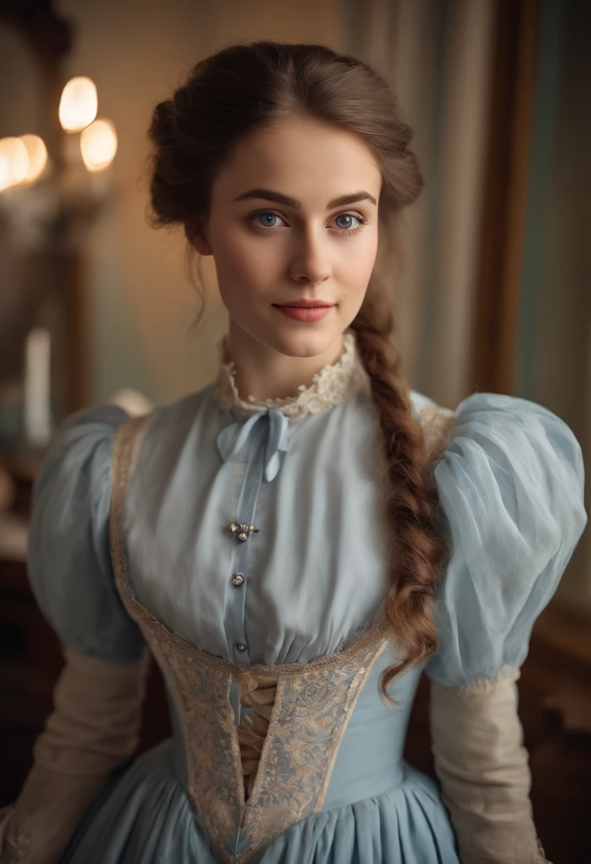 A young woman from Northern Europe, 18 years old, light blue eyes, happy, cute face, white skin, brown hair, ponytail haircut, eyeliner, thin nose, wearing a Victorian dress from 19th century, room in the background, amateur selfie, amateur selfie quality