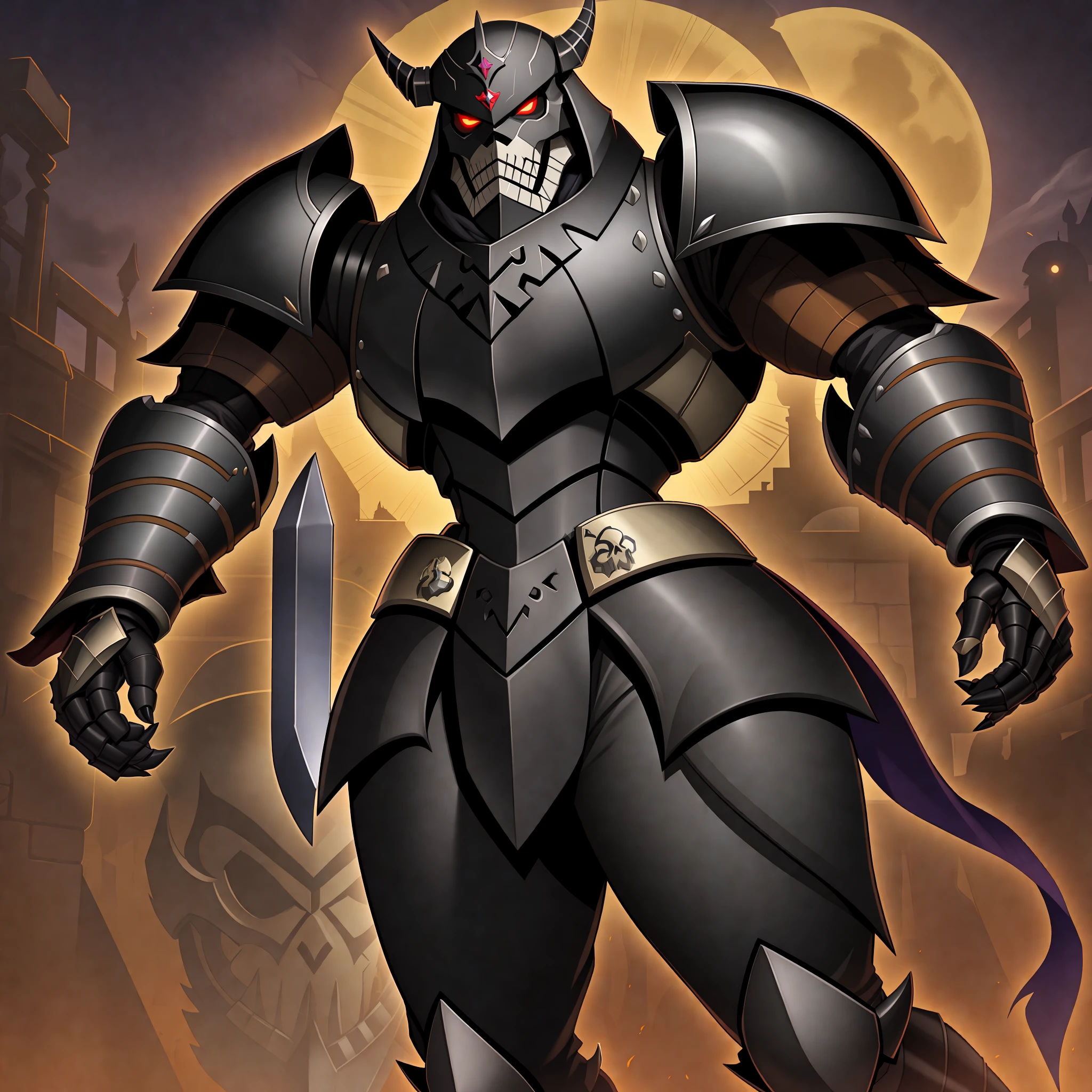 Chevalier noir, male, musculaire, Face of the skull of the sun, face solaire, armure, Cate noir, Foulard noir, bottes, Holding de faux, Elemental face, Grimreaper, yeux rouges, skull face, longs cheveux roux, Corps de cyborg, Sentai Heroes, Metal Heroes, symbole du soleil