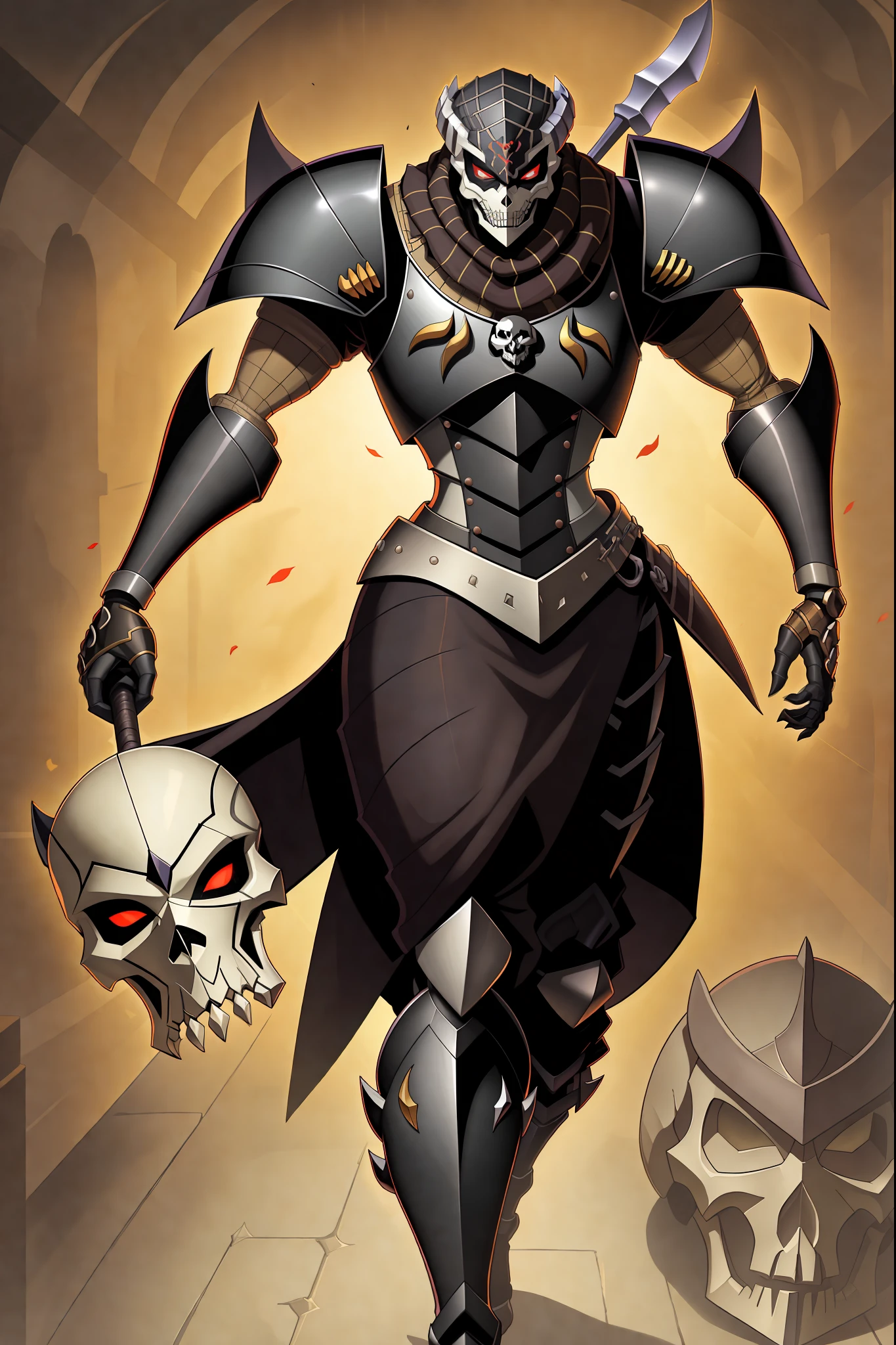 Chevalier noir, male, musculaire, Face of the skull of the sun, face solaire, armure, Cate noir, Foulard noir, bottes, Holding de faux, Elemental face, Grimreaper, yeux rouges, skull face, longs cheveux roux, Corps de cyborg, Sentai Heroes, Metal Heroes, symbole du soleil