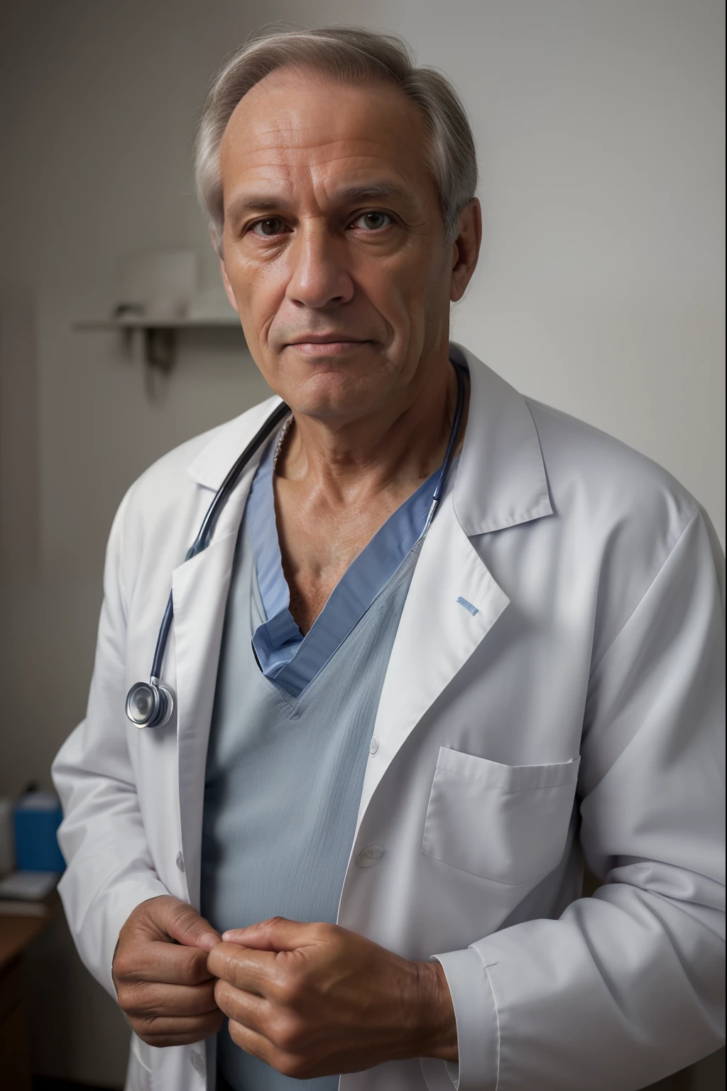 An average photo of a man on average 55 years old, WITH DOCTOR'S CLOTHES, looking-into-camera, Realistic details, foto tirada com uma Nikon D850, perfeitamente iluminado, uma profundidade de campo rasa