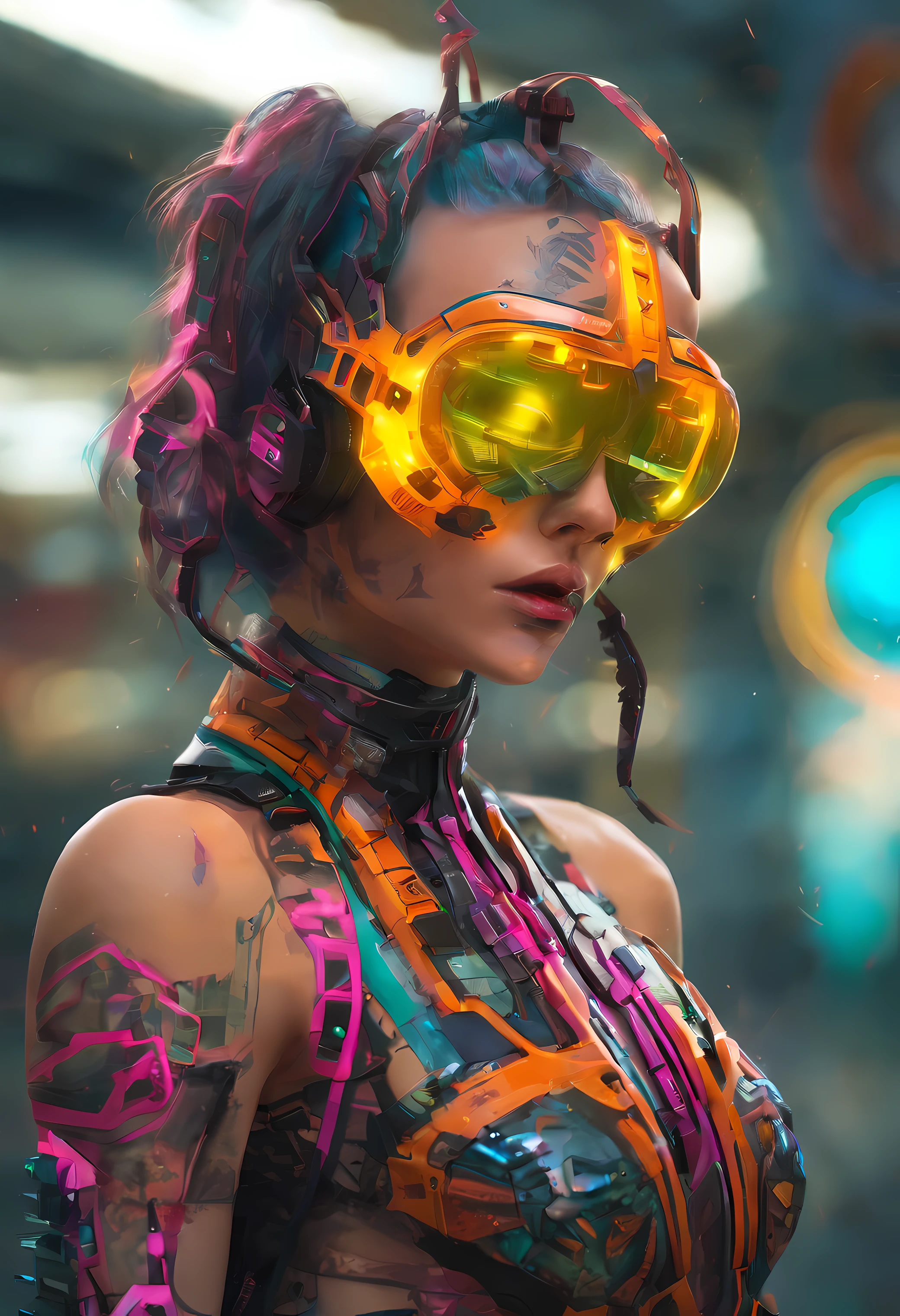 uma mulher linda atraente com cabelos loiros e olhos azuis, usando uma blusa de moletom,inspirada em "Selina Kyle"(altamente detalhado: 1.2), (canon EOS R6 melhor qualidade: 1.2), (8k: 1.0), (emb-rrf-baixo: 1.0), (lots of large black tattoos on open cybernetic head in the middle showing the inside, Rosto detalhado, Hyper detailed eyes and wearing high-tech sunglasses with holographic display 1.2), foco nítido (foto premiada: 1.2), (subsurface scatter: 1.2), (subsurface scatter: 1.2). 1.1) (um belo ciborgue ultra-detalhado: 1.2), ( cabelos hiperdetalhados: 1.2), (corpo maravilhoso: 1.2), (corpo inteiro: 1.2), (Dynamic Stance :1.2), brilho neon, (Detailed cybernetic eyes:1.1), Close-up (hiper-realista:1.2), RPG, estilo cyberpunk 2077, dramatic lighting, (Paisagem urbana futurista altamente detalhada:1.2), (scientific fiction: 1.2). 1.2), fotografia de retrato profissional, por wlop greg rutkowski, jeffrey simpson, alphonse mucha