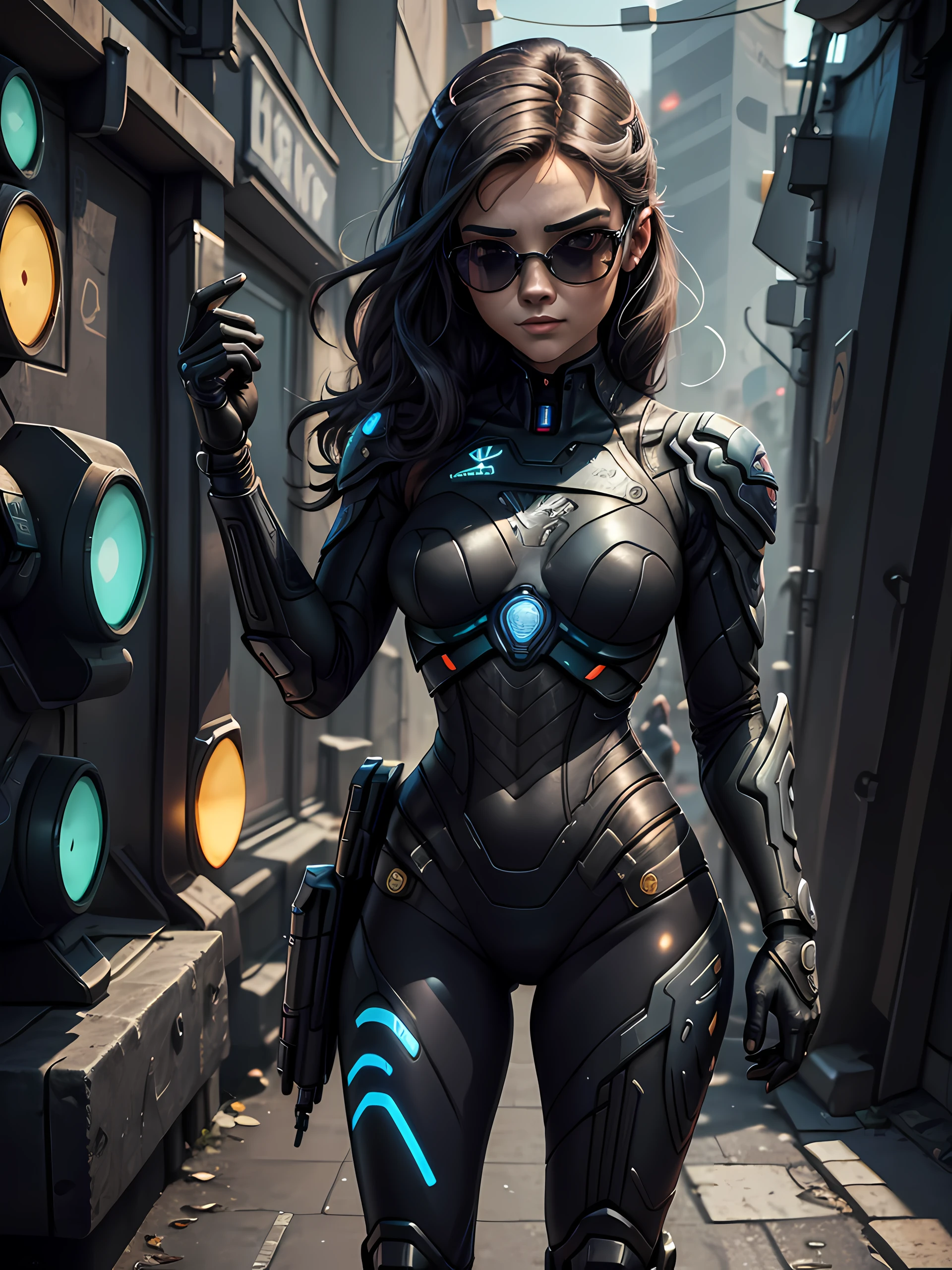 uma mulher linda atraente com cabelos loiros e olhos azuis, usando uma blusa de moletom，inspirada em "Selina Kyle"(altamente detalhado: 1.2), (canon EOS R6 melhor qualidade: 1.2), (8k: 1.0), (emb-rrf-baixo: 1.0), (lots of large black tattoos on open cybernetic head in the middle showing the inside, Rosto detalhado, Hyper detailed eyes and wearing high-tech sunglasses with holographic display 1.2), foco nítido (foto premiada: 1.2), (subsurface scatter: 1.2), (subsurface scatter: 1.2). 1.1) (um belo ciborgue ultra-detalhado: 1.2), ( cabelos hiperdetalhados: 1.2), (corpo maravilhoso: 1.2), (corpo inteiro: 1.2), (Dynamic Stance :1.2), brilho neon, (Detailed cybernetic eyes:1.1), Close-up (hiper-realista:1.2), RPG, estilo cyberpunk 2077, dramatic lighting, (Paisagem urbana futurista altamente detalhada:1.2), (scientific fiction: 1.2). 1.2), fotografia de retrato profissional, por wlop greg rutkowski, jeffrey simpson, alphonse mucha