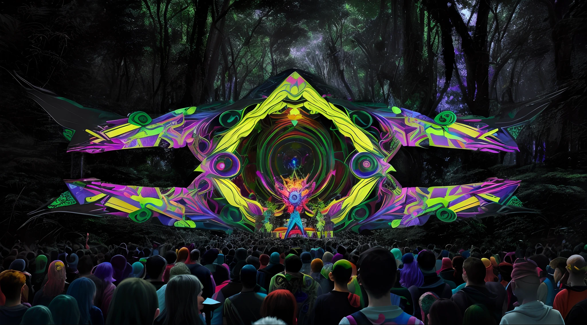 Image of a crowd of people in a forest with a large colorful object, rave ao ar livre, design hiperbesta, psytrance, arte psytrance, Visuais Trippy, psychedelic visuals, arte rave, arte oficial, Visuais DMT, dmt visions, em glitchart jared forest, Cybernetic bat in science fiction forest, Visuais LSD, psychedelic organic cyborg, usar toda a imagem e deixar mais psicodelica e colorida, valorizar a arte principal do palco e deixar em 3d, full qualidade, hd, 4k