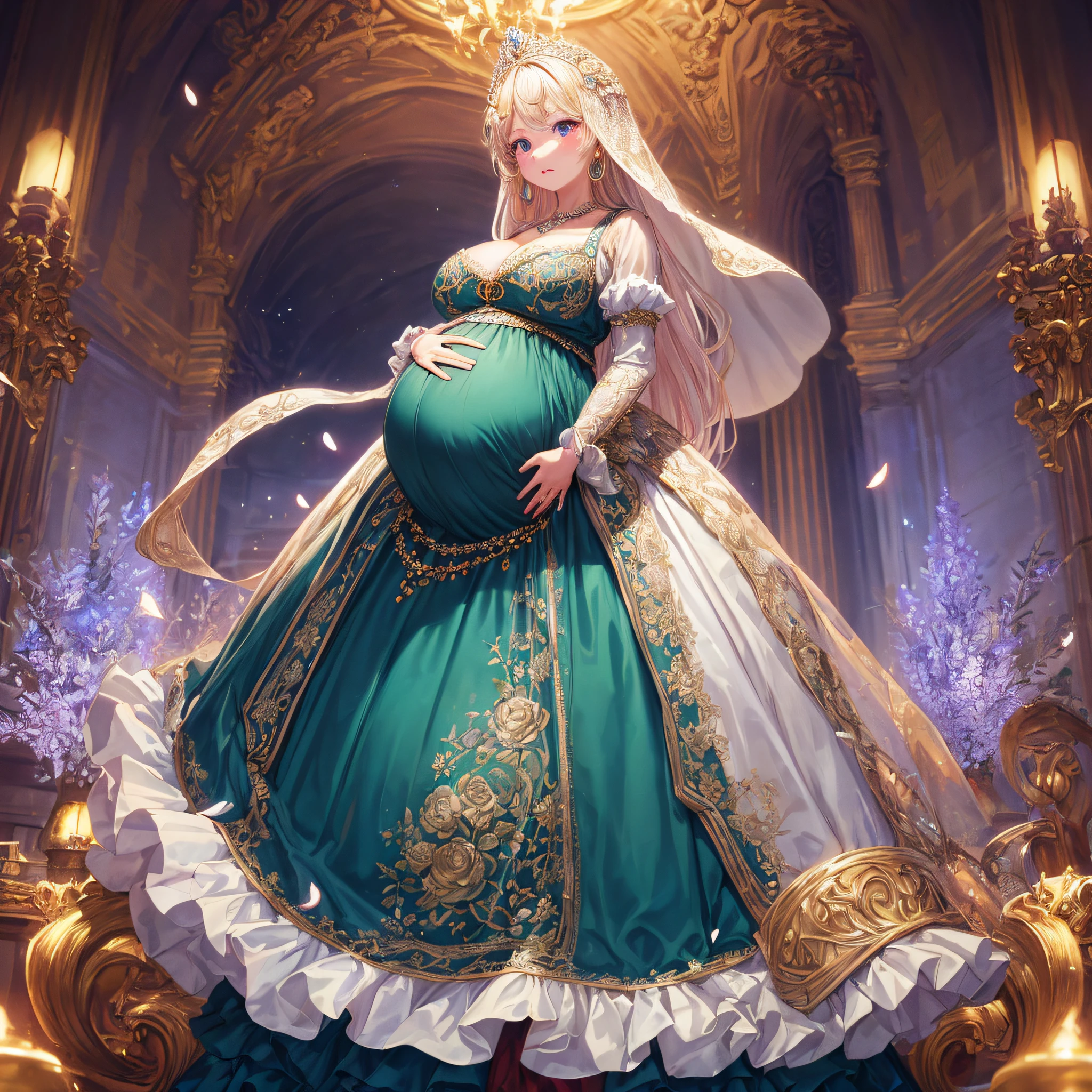 ultra-detailed, extremely detailed,((anime artstyle)),Masterpiece,(Best Quality),(Super Detail),(Very Delicate and Beautiful),((Solo)),(((full body))),full body,((detailed face and eyes)),perfect eyes, rendered eyes,jewel-like beautiful eyes,cry,((embarrassed,blush)),((1 pregnant princess in beautiful embroidery and jeweled gorgeous rococo ballgown with frilled voluminous full length hoop skirt)),(((heavily pregnant))),((Crinoline)),beautiful embroidery and jeweled gorgeous rococo ballgown with frilled voluminous full length hoop skirt,(large amount of straight hair,extremely voluminous Very Long straight Hair,Absolutely Long Straight Hair),sparkly skin,(((very gigantic boobs,skindentation))),Bursting breasts,cleavage,((fantasy castle,outdoors,outside the castle)),long_gloves,extremely gorgeousfull jeweled hair ornament,(bling-bling extremely gorgeousfull jeweled tiara),(luxurious jewelry),full body,beautiful embroidery and jeweled gorgeous rococo ballgown with frilled voluminous full length hoop skirt