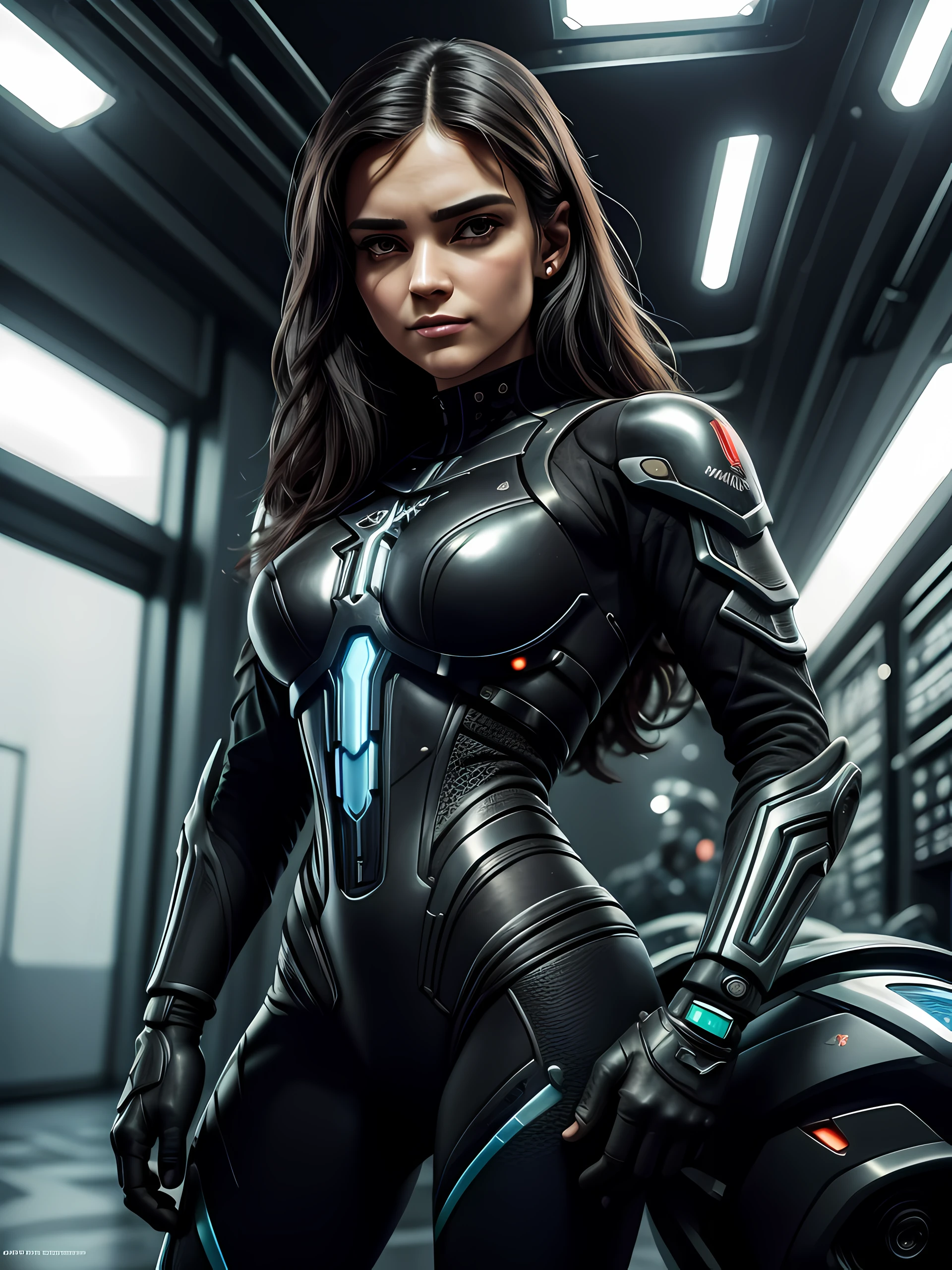 uma mulher linda atraente com cabelos loiros e olhos azuis, usando uma blusa de moletom，inspirada em "Selina Kyle"(altamente detalhado: 1.2), (canon EOS R6 melhor qualidade: 1.2), (8k: 1.0), (EMB-RRF-Baixo: 1.0), (lots of large black tattoos on open cybernetic head in the middle showing the inside, rosto detalhado, Hyper detailed eyes and use of high-tech sunglasses with holographic display 1.2), foco nítido (Foto premiada: 1.2), (subsurface scatter: 1.2), (subsurface scatter: 1.2). 1.1) (um belo ciborgue ultra-detalhado: 1.2), ( cabelos hiperdetalhados: 1.2), (corpo maravilhoso: 1.2), (corpo inteiro: 1.2), (Dynamic Stance :1.2), brilho neon, (Detailed cybernetic eyes:1.1), Close-up (hiper-realista:1.2), RPG, Estilo Cyberpunk 2077, dramatic lighting, (paisagem urbana futurista altamente detalhada:1.2), (scientific fiction: 1.2). 1.2), fotografia de retrato profissional, por WLOP greg rutkowski, Jeffrey Simpson, Alphonse Mucha