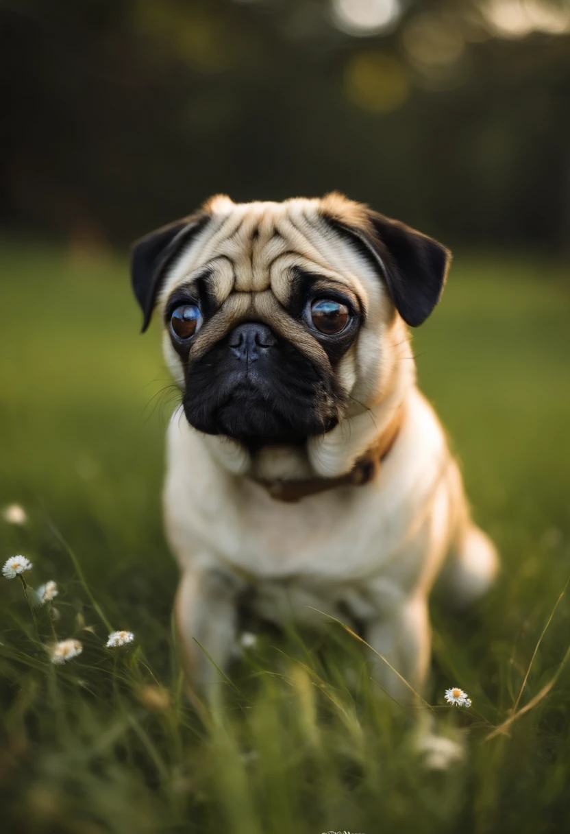 Pug, gata branca com olhos azuis e pelo branco com manchas marrons claras e passarinha amarela brincando