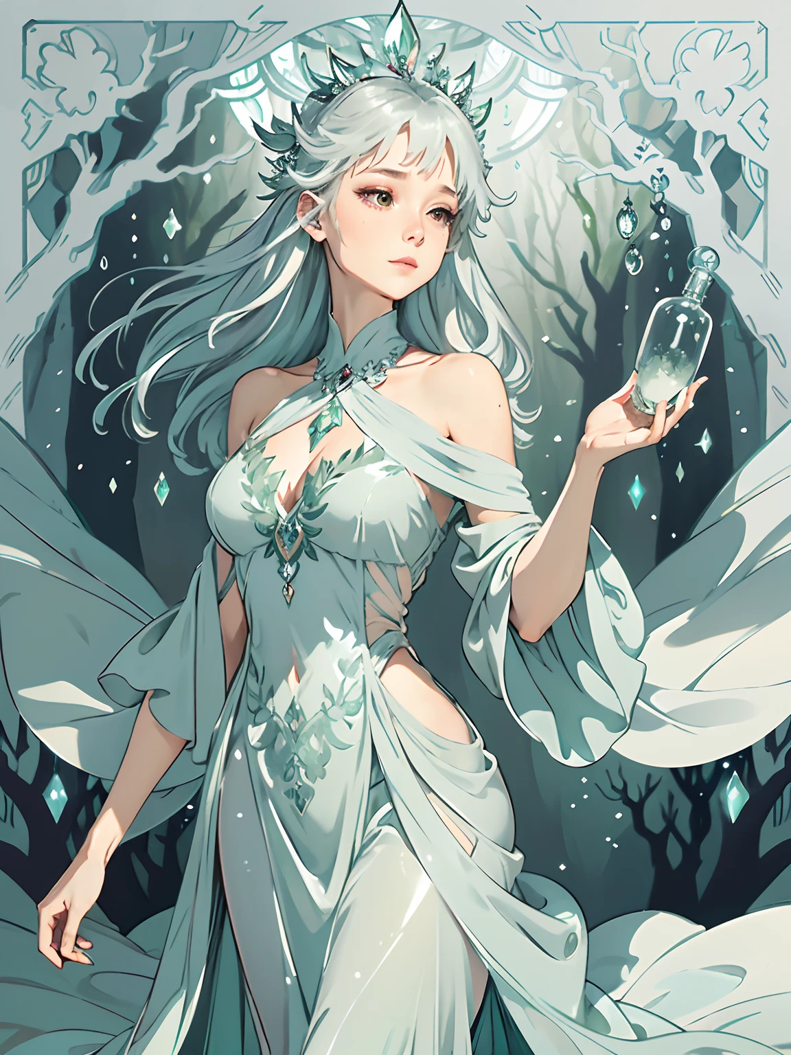 Design a perfume bottle inspired by a misty forest. Keywords: Enchanting, ethereal, mystical, nature, tranquility. Aesthetic: The design should capture the magical essence of a misty forest. Incorporate elements such as swirling mists, delicate foliage, and ethereal lighting. The bottle should have a sleek and modern silhouette, with smooth curves and a translucent appearance to evoke a sense of mystery. Consider adding subtle texture and shimmering accents to enhance the enchanted forest theme. Color Palette: Use a palette of soft and cool tones, including shades of green, blue, and gray, to mimic the misty atmosphere of the forest. Add hints of silver or iridescent hues to represent the magical elements.