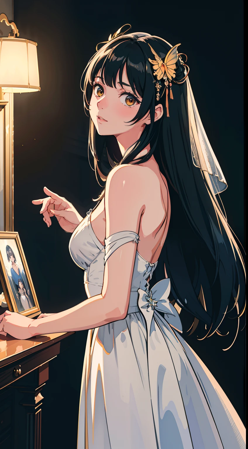 (Watercolor in Sargent style)、(top-quality、masterpiece)、Soft light、 Amazingly beautiful dressed as a bride、Portrayal of photorealism of a very happy woman, Fireflies flutter violently, Mirrors, photograph, Wonder, wonderment, Night, Cinematic lighting, Wonders of the sky, wonderment, Cinematic, evening, - No back view, empty, Stock Photo, Movie Still, Cinematic lighting. photo photo,extremely detailed natural texture, Peach Fuzz, Long hair, masutepiece, absurderes, nikon d850 film stock photograph, kodak portra 400 camera f1.6 lens, Extremely detailed, amazing, Fine detail, Rich colors, ultra realistic lifelike textures, Dramatic Lighting, unrealengine, Trending on ArtStation, cinestill 800 tungsten, Looking at the viewer, photographrealistic, Raw photo, TanvirTamim, High quality, hight resolution, Sharp Focus, Extremely detailed, Cinematic lighting,
